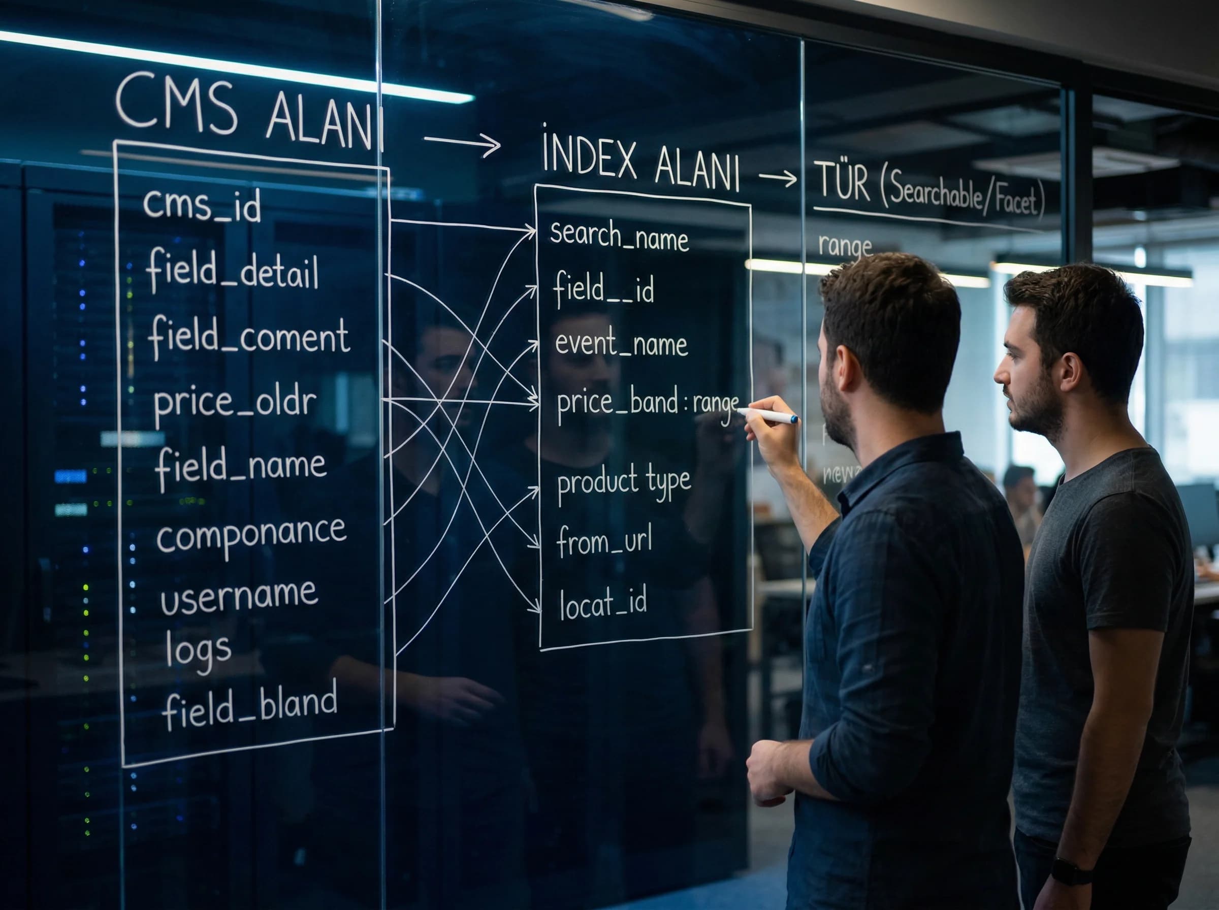CMS field mapping ve index modelleme görseli, teknik ekip bağlamı