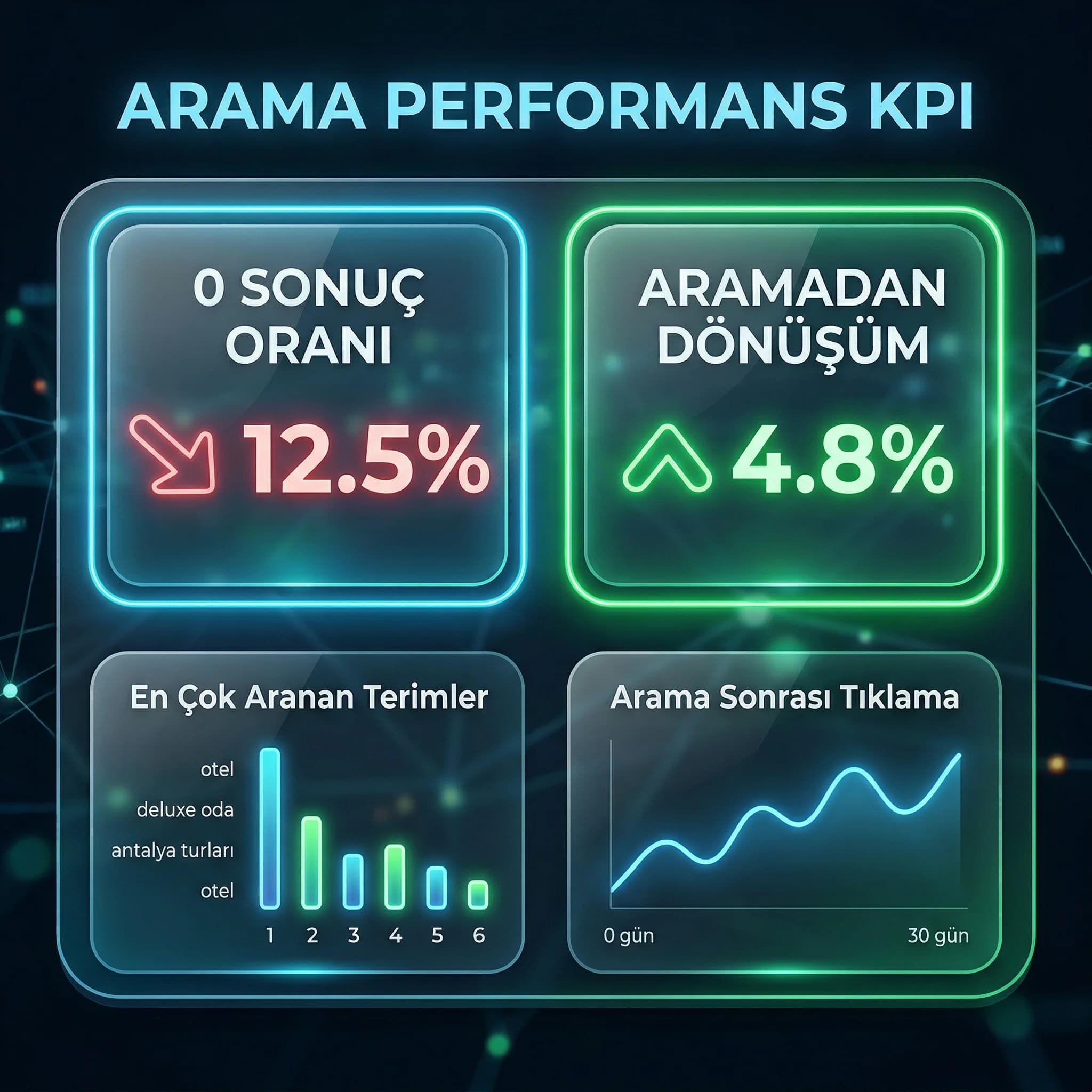 Zero results ve arama sonrası dönüşüm KPI kartı, performans bağlamı