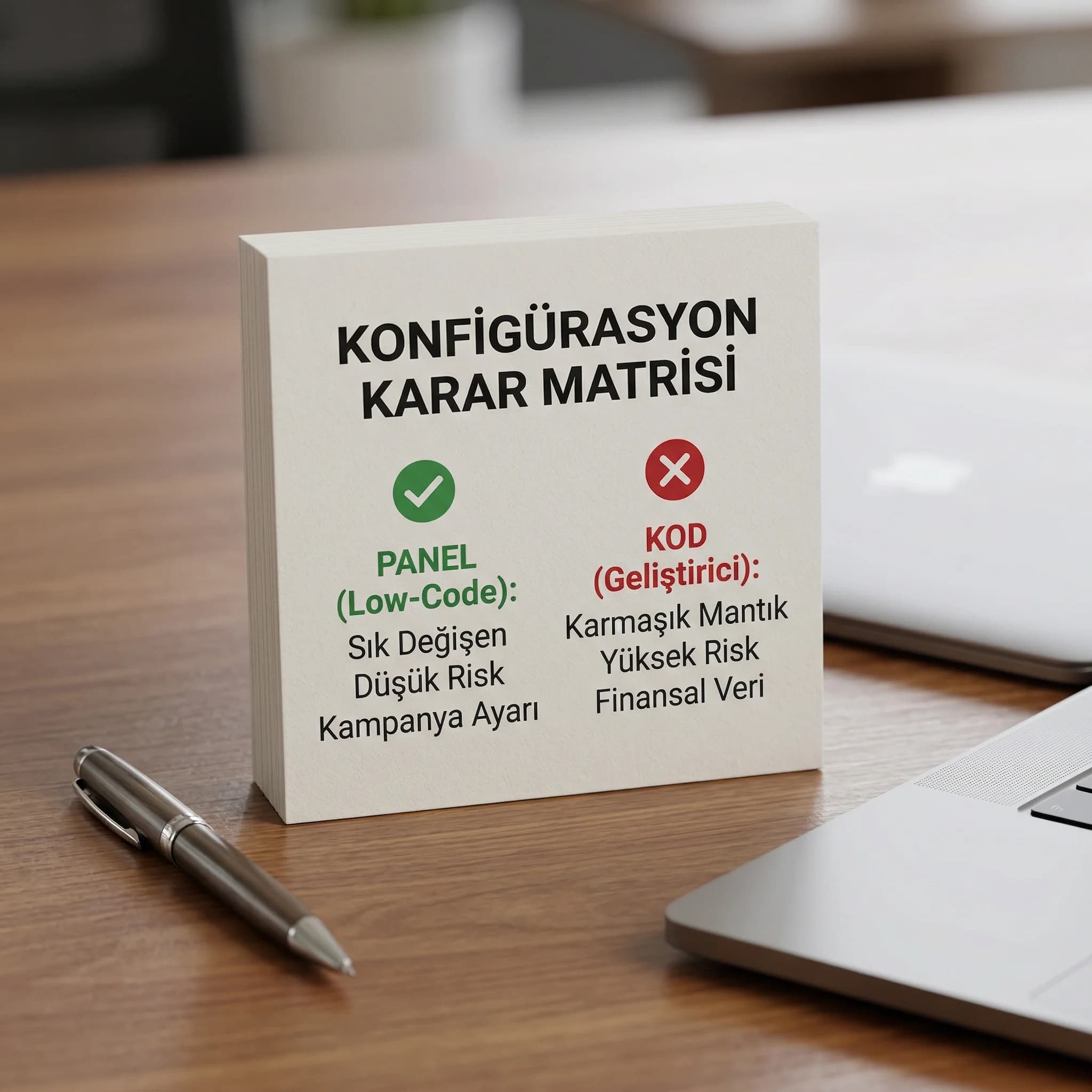 Panel ayarı vs kod checklist kartı, teknik ve ürün ekipleri bağlamı