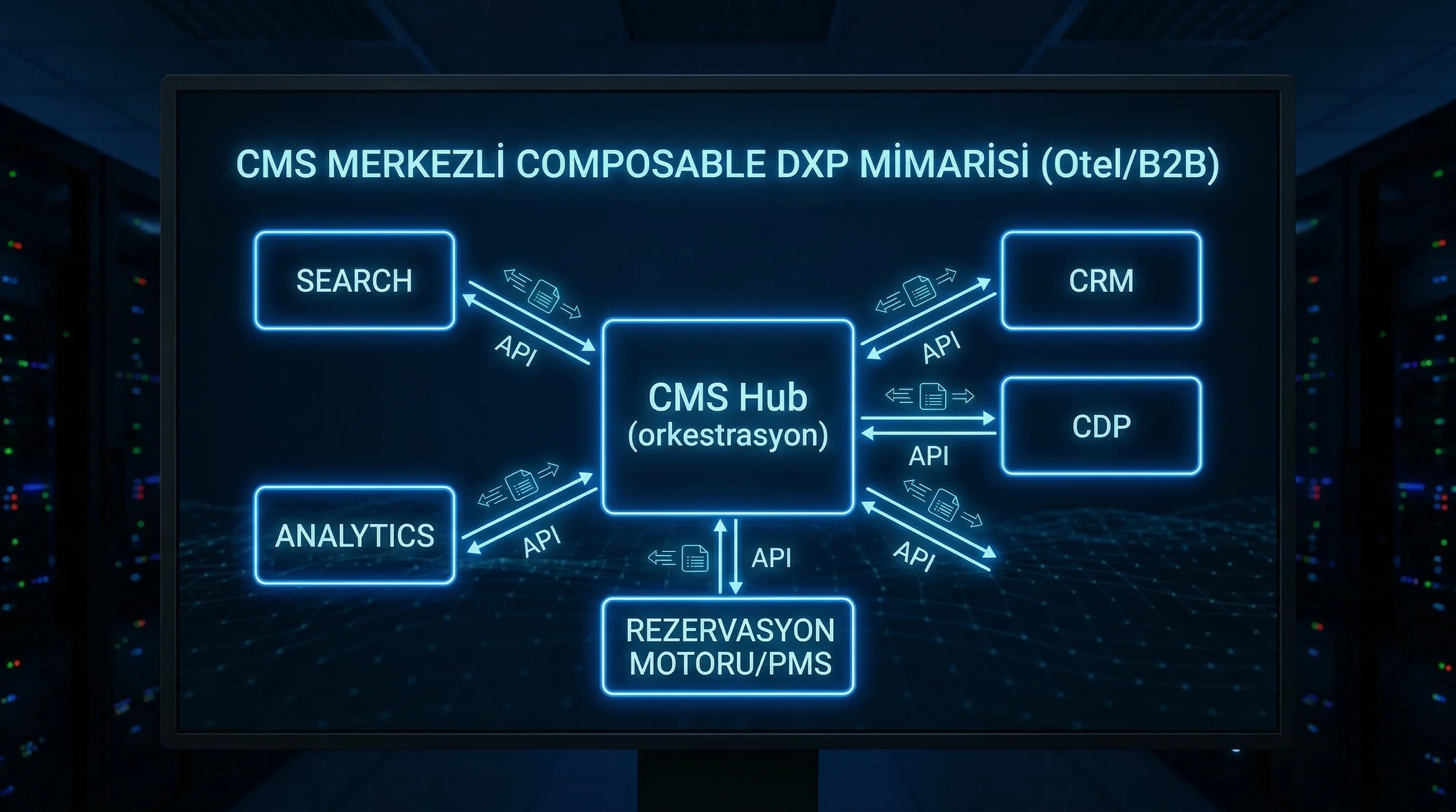 CMS merkezli composable DXP diyagramı, modüler entegrasyon bağlamı