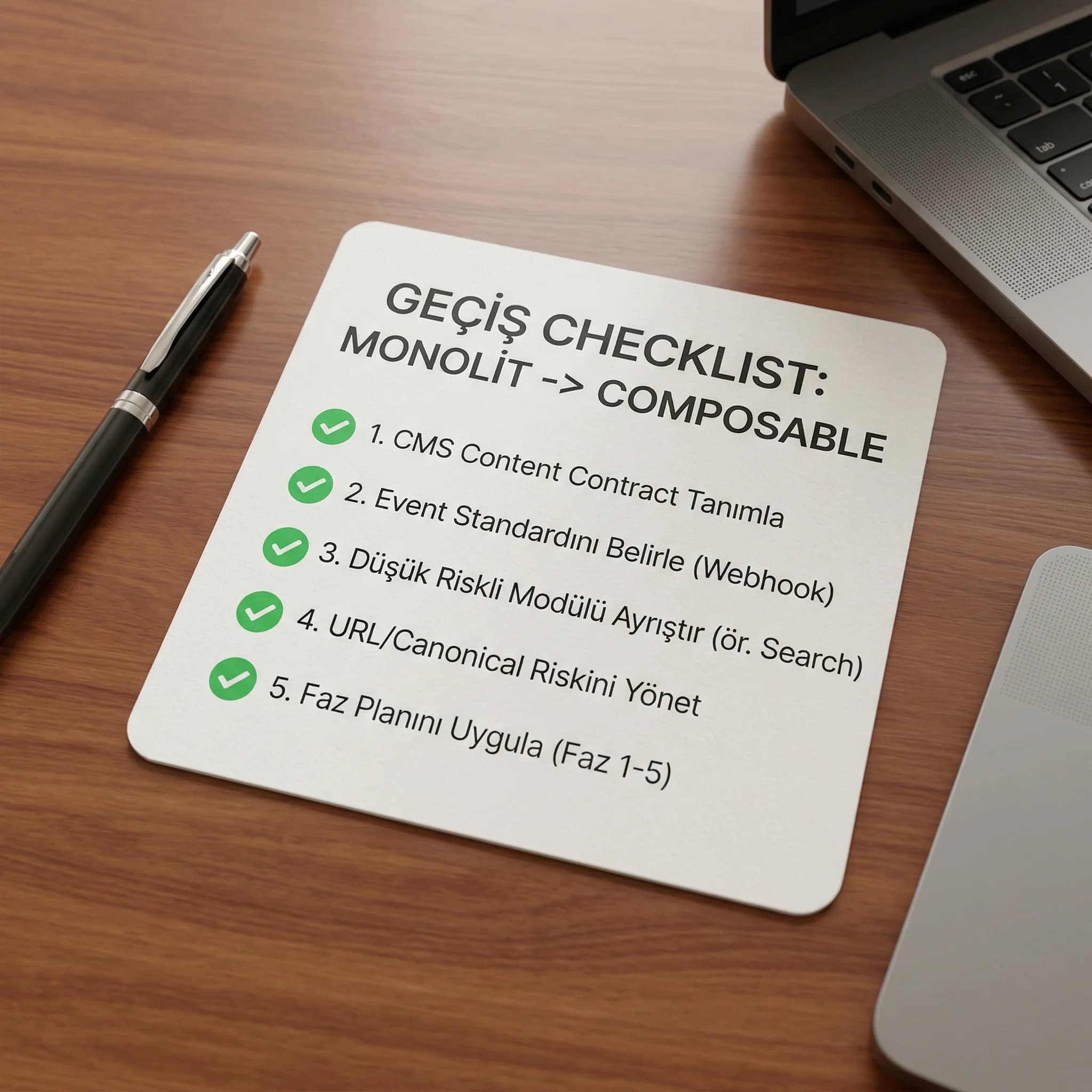 Monolitten composable’a geçiş checklist kartı, ürün ve teknik ekip bağlamı