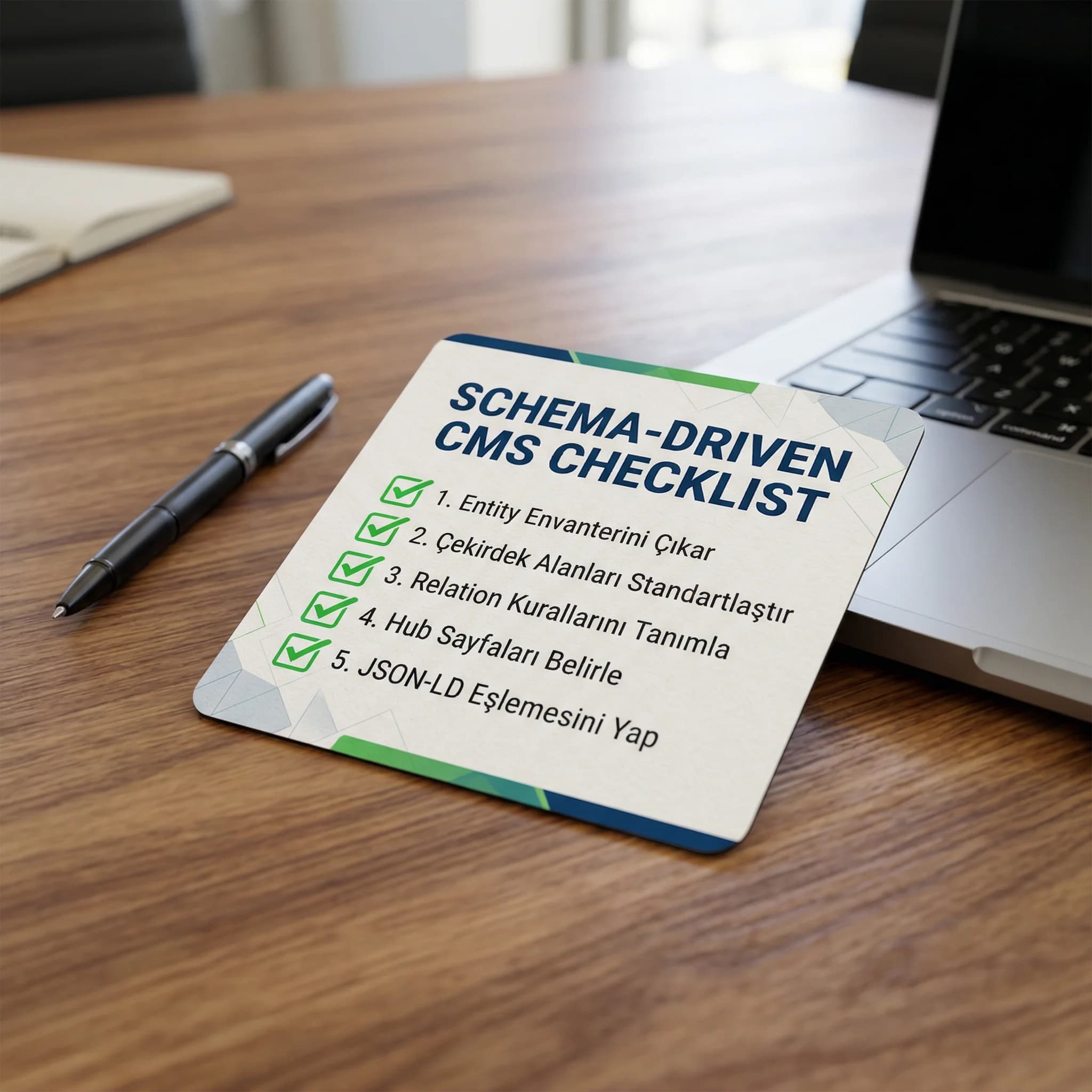 Schema-driven CMS checklist kartı, strateji ve teknik ekip bağlamı