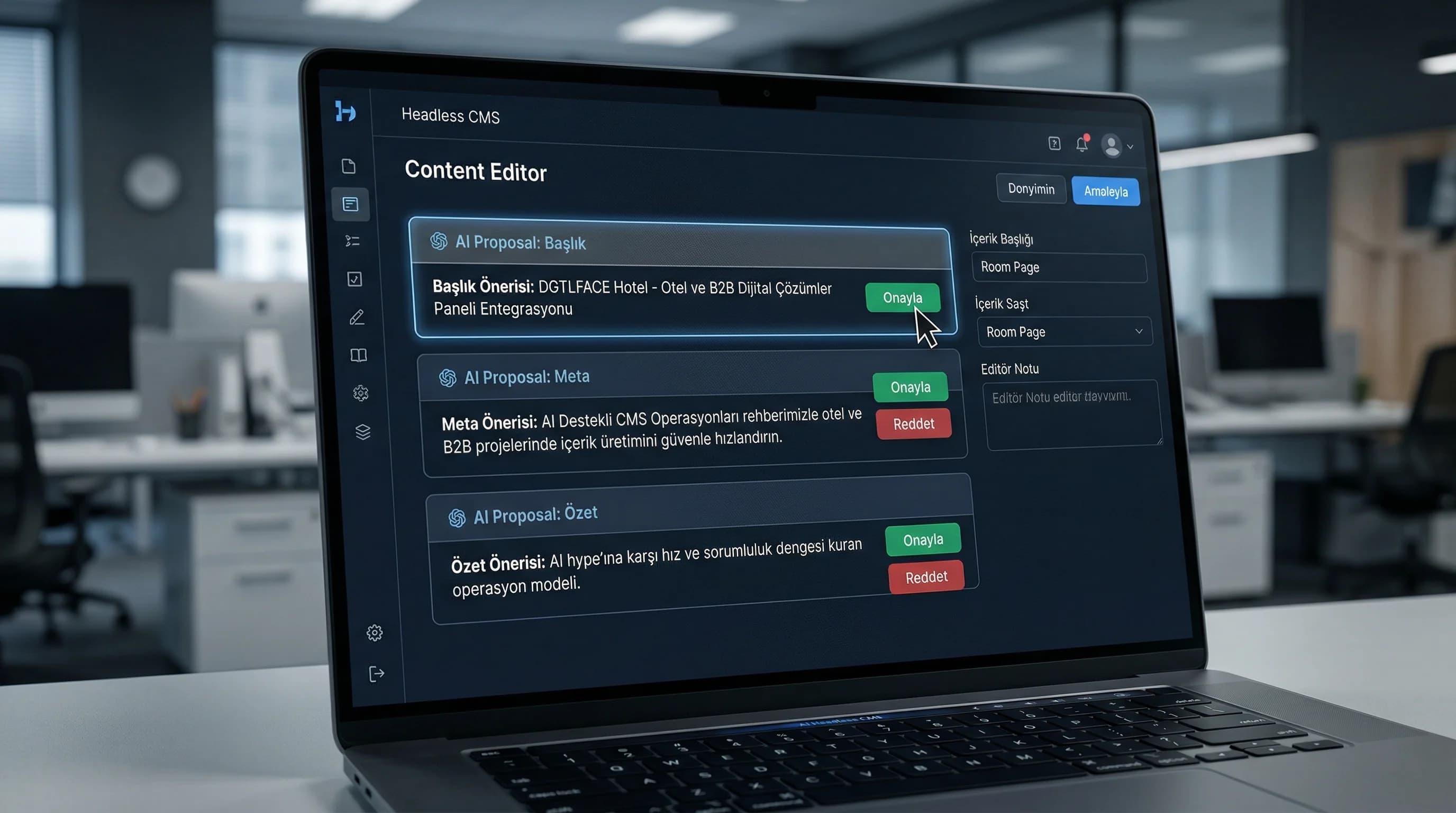 AI önerir editör onaylar modeli özeti, human in loop bağlamı