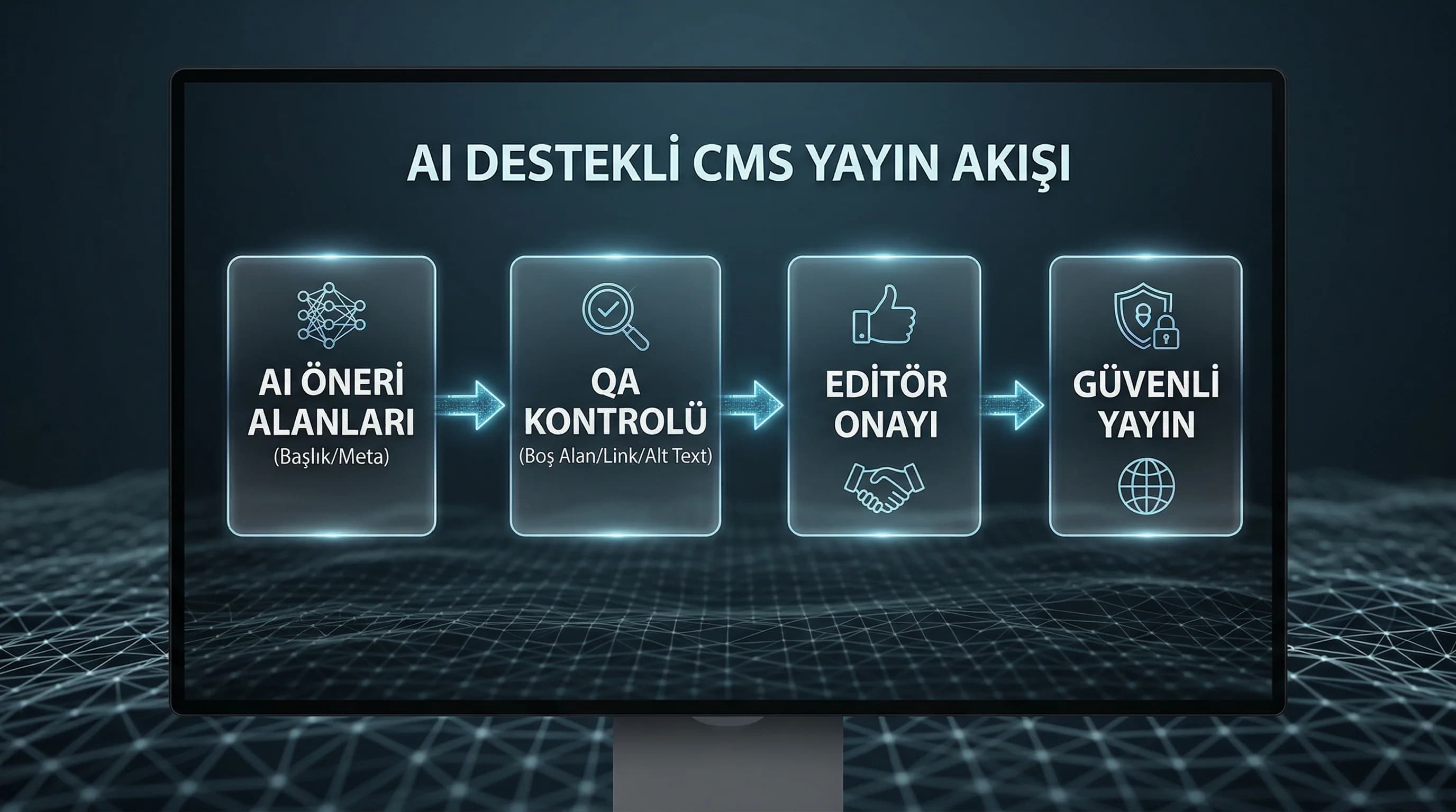 AI suggestion preview publish akış diyagramı, CMS ops bağlamı
