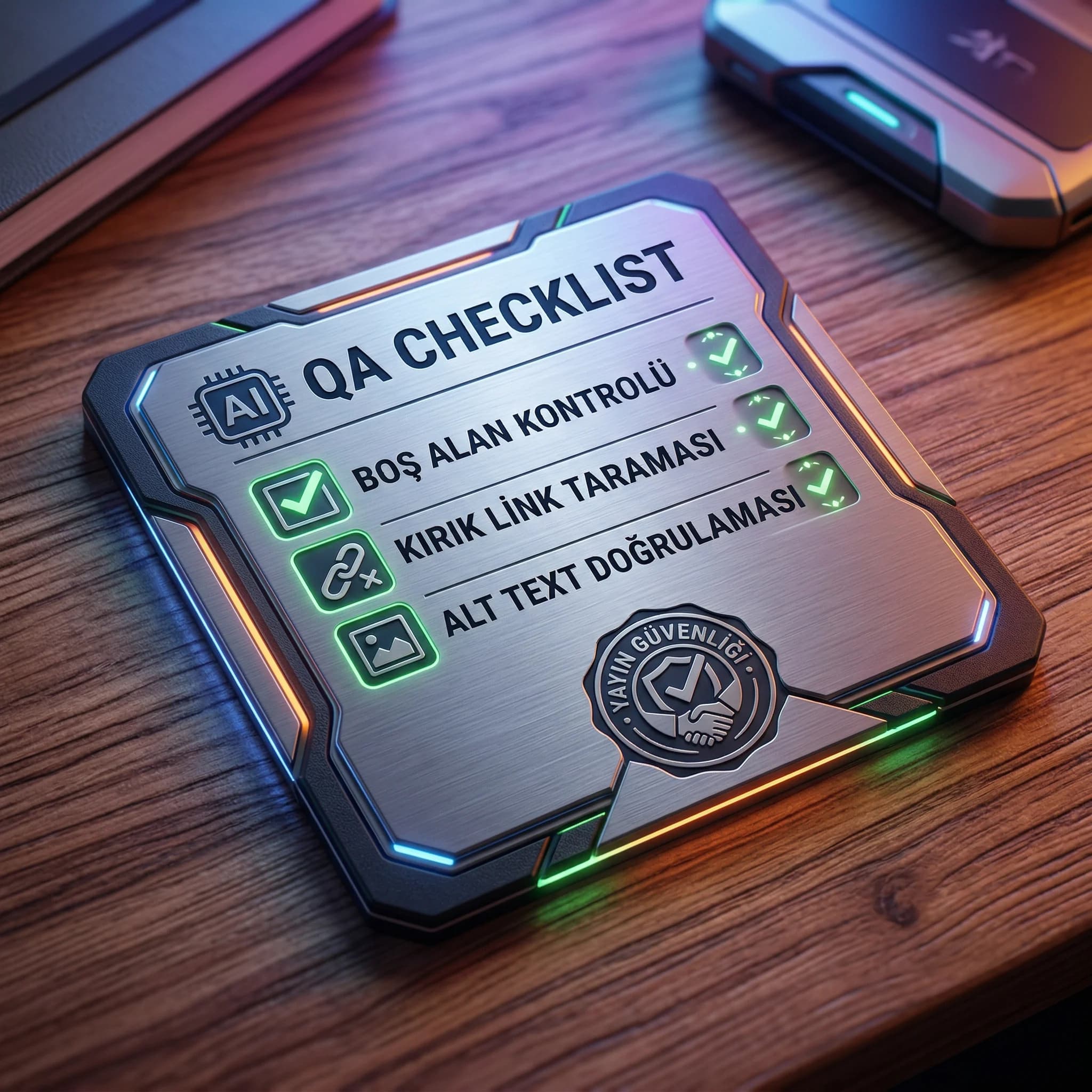 AI QA checklist kartı, boş alan kırık link alt metin bağlamı