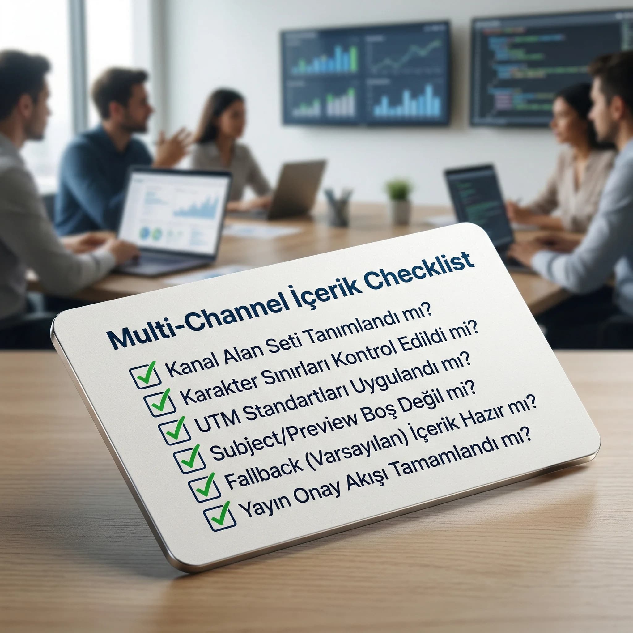 Multi-channel içerik checklist kartı, içerik ve pazarlama ekipleri bağlamı