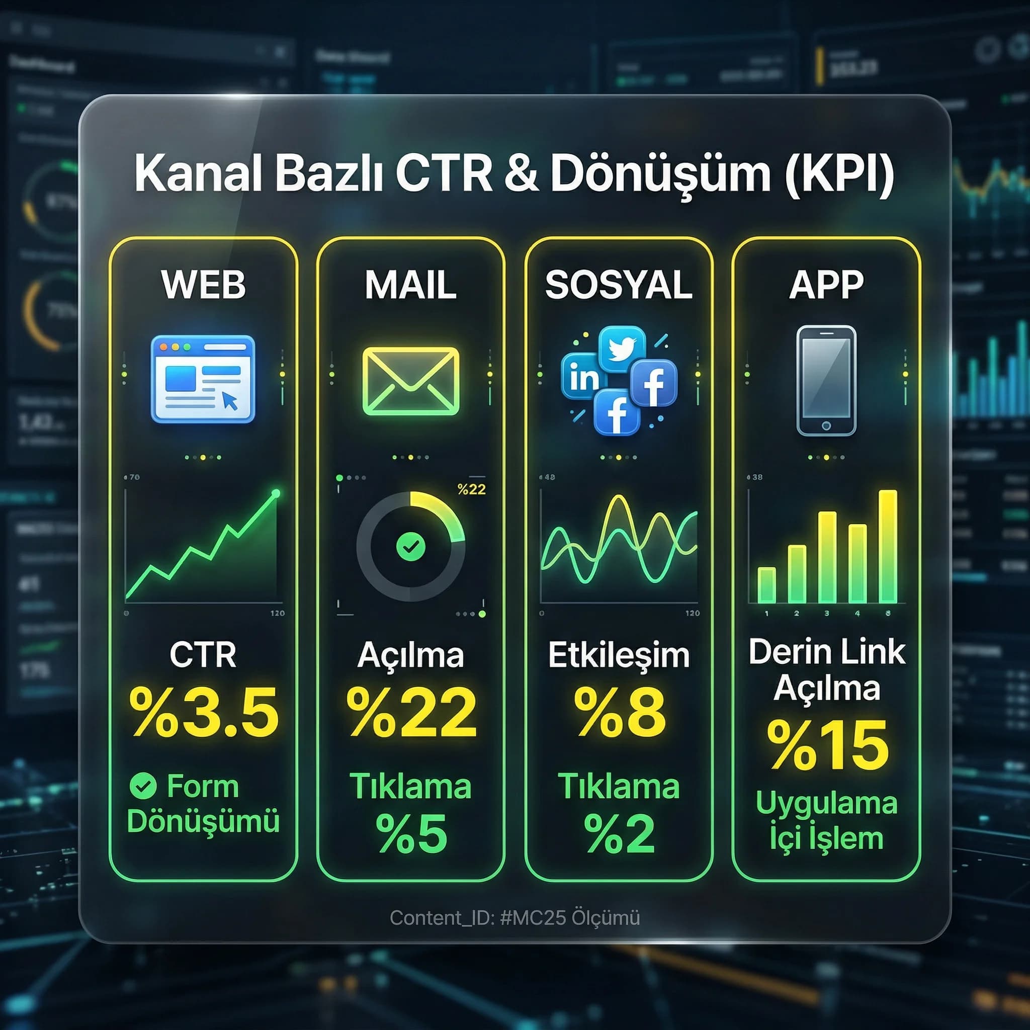 Kanal bazlı CTR ve dönüşüm KPI kartı, ölçüm bağlamı