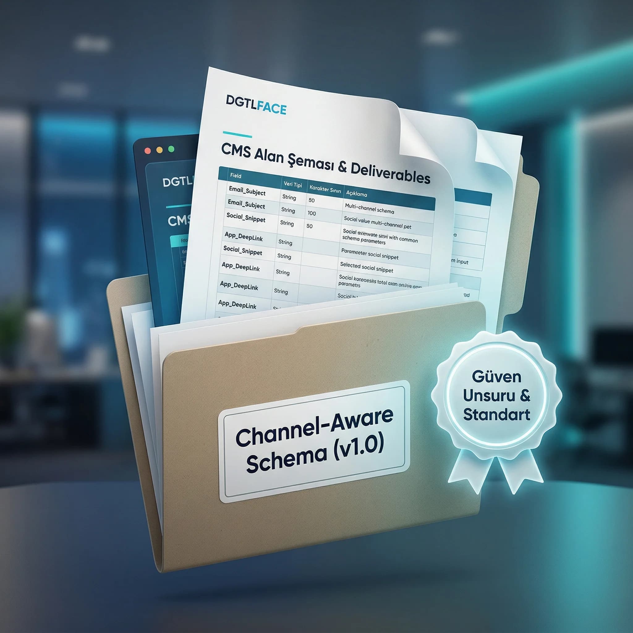 Channel-aware alan şeması deliverables kartı, güven unsuru bağlamı
