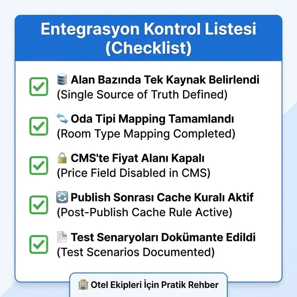 CMS PMS OTA entegrasyon checklist kartı, otel ekipleri bağlamı