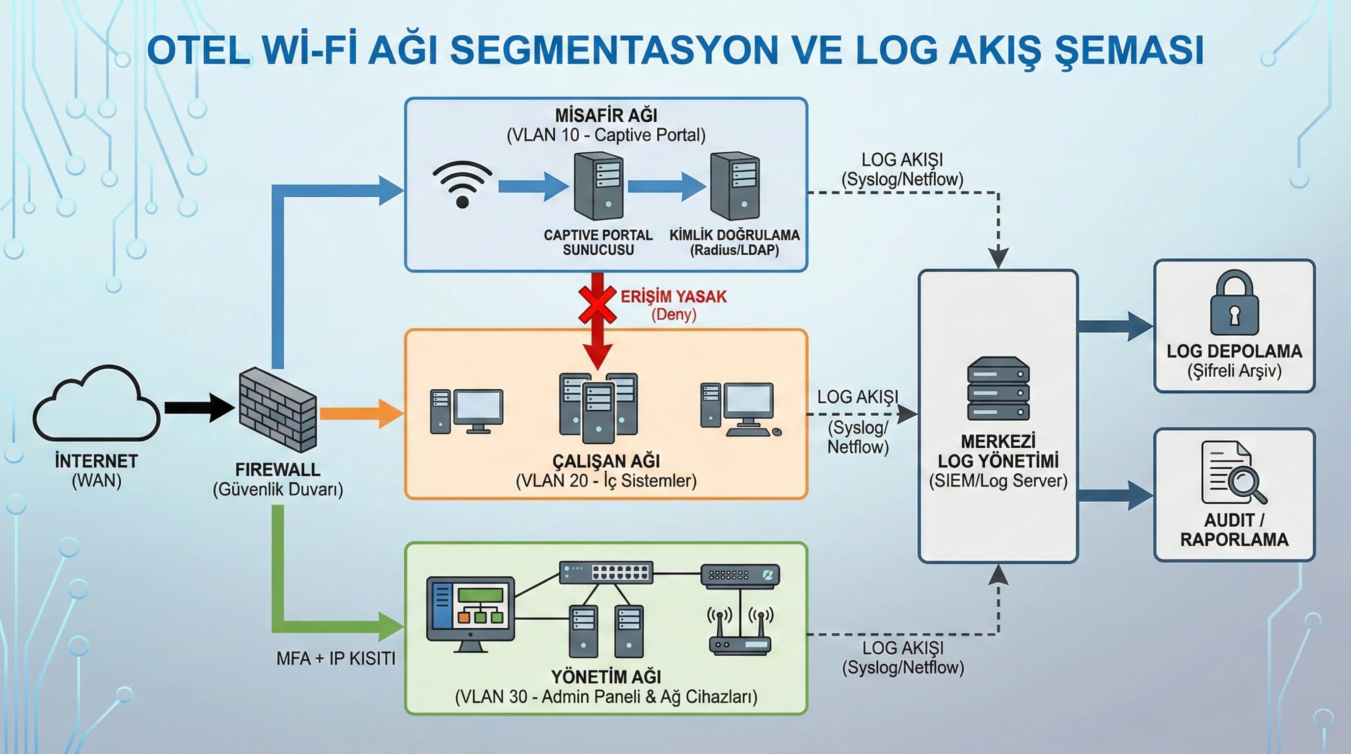 Wi-Fi login başarı ve log denetlenebilirlik KPI paneli, otel