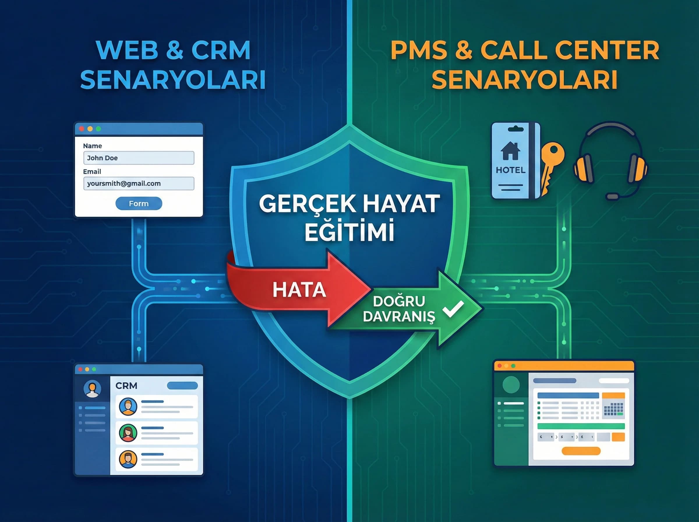 Senaryo bazlı eğitim bölümü ayırıcı, otel ve B2B süreçleri