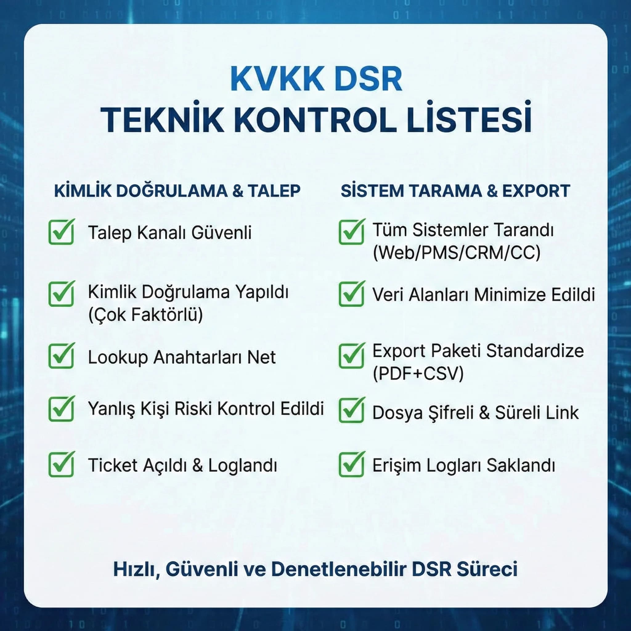 DSR teknik checklist kartı, kimlik doğrulama ve çoklu sistem export