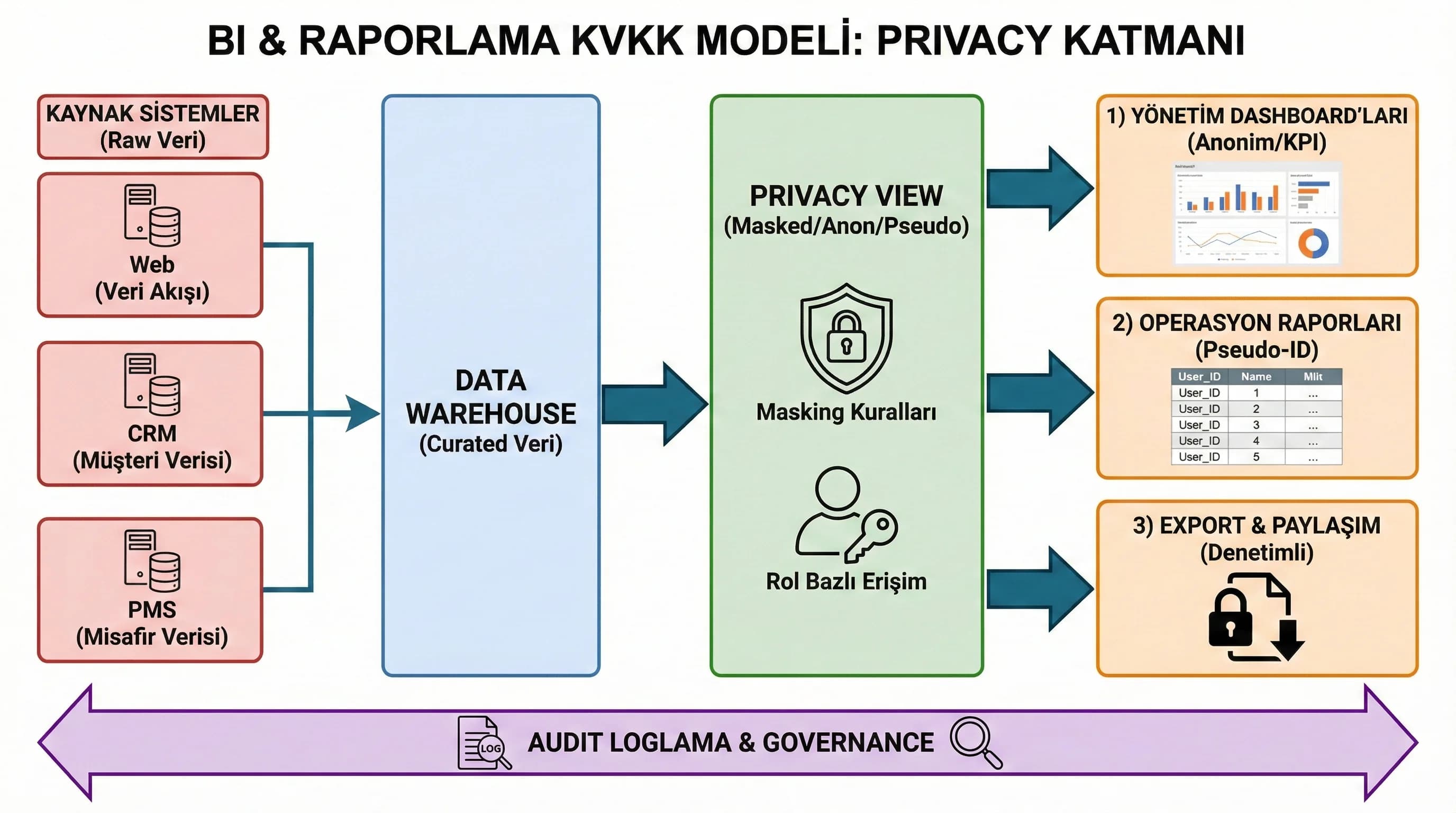 BI mimarisinde anonim pseudo katmanı diyagramı, privacy view modeli