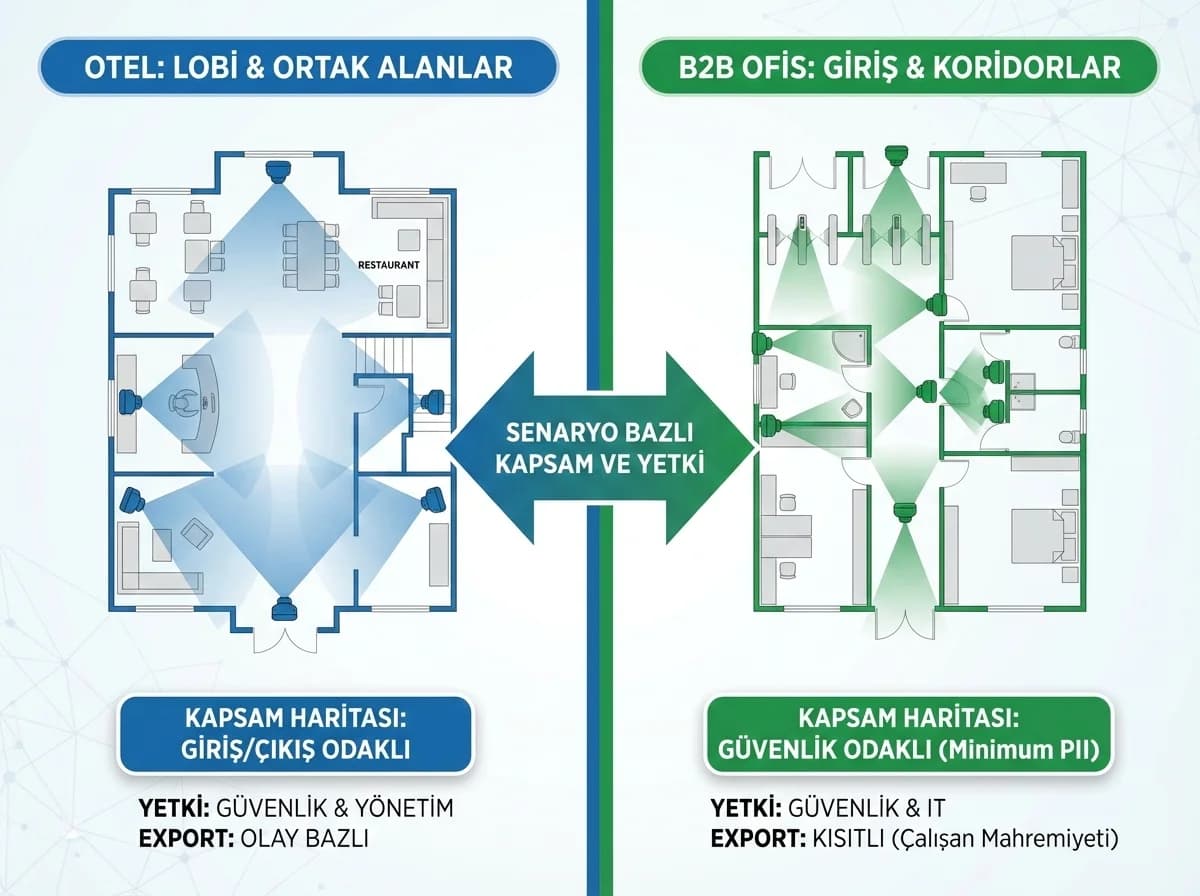 Otel ve B2B kamera yapı örnekleri bölümü ayırıcı, kapsam haritası
