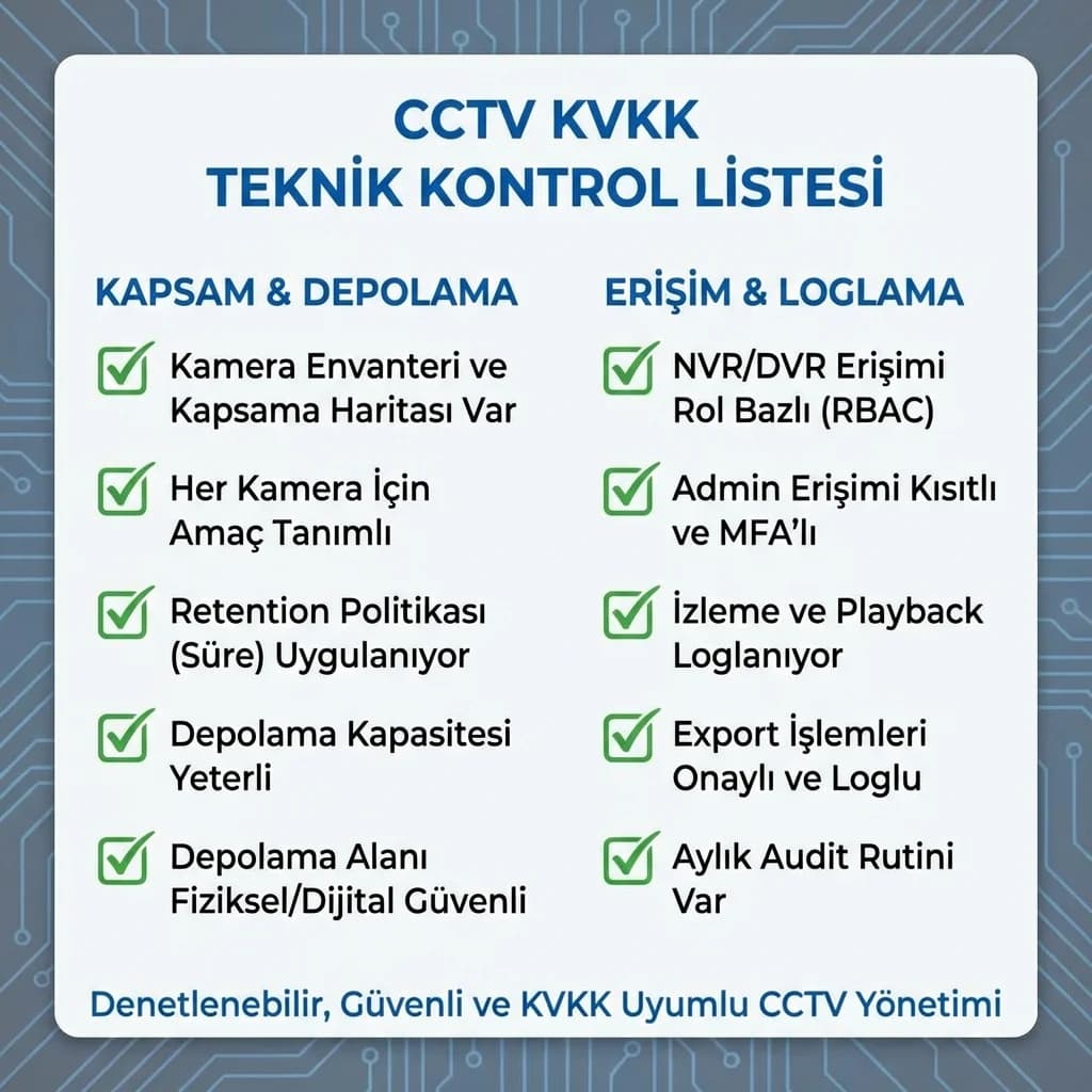 CCTV KVKK checklist kartı, depolama süresi erişim rolü loglama