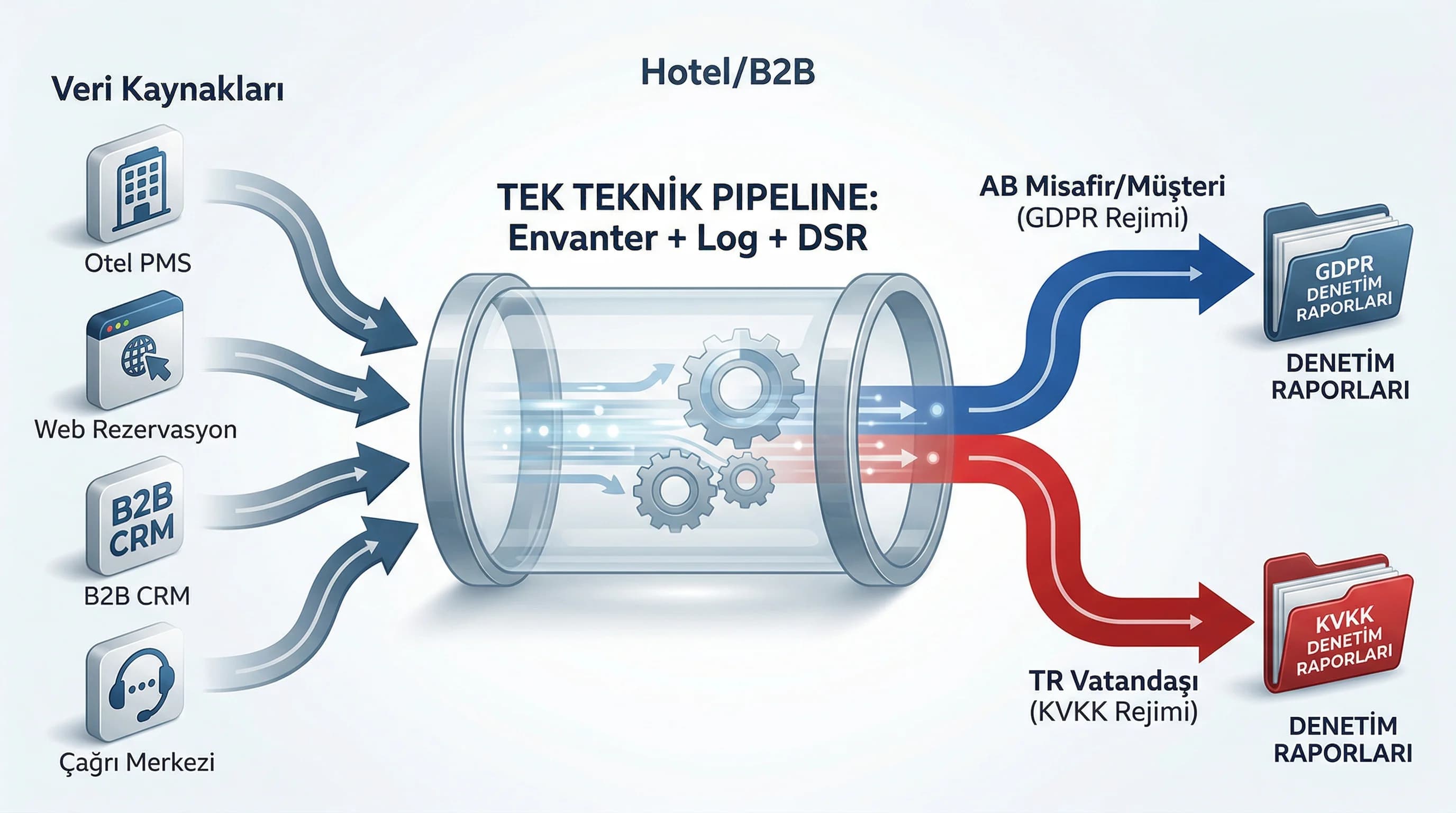 Otel ve B2B için tek pipeline iki hukuk çerçevesi diyagramı