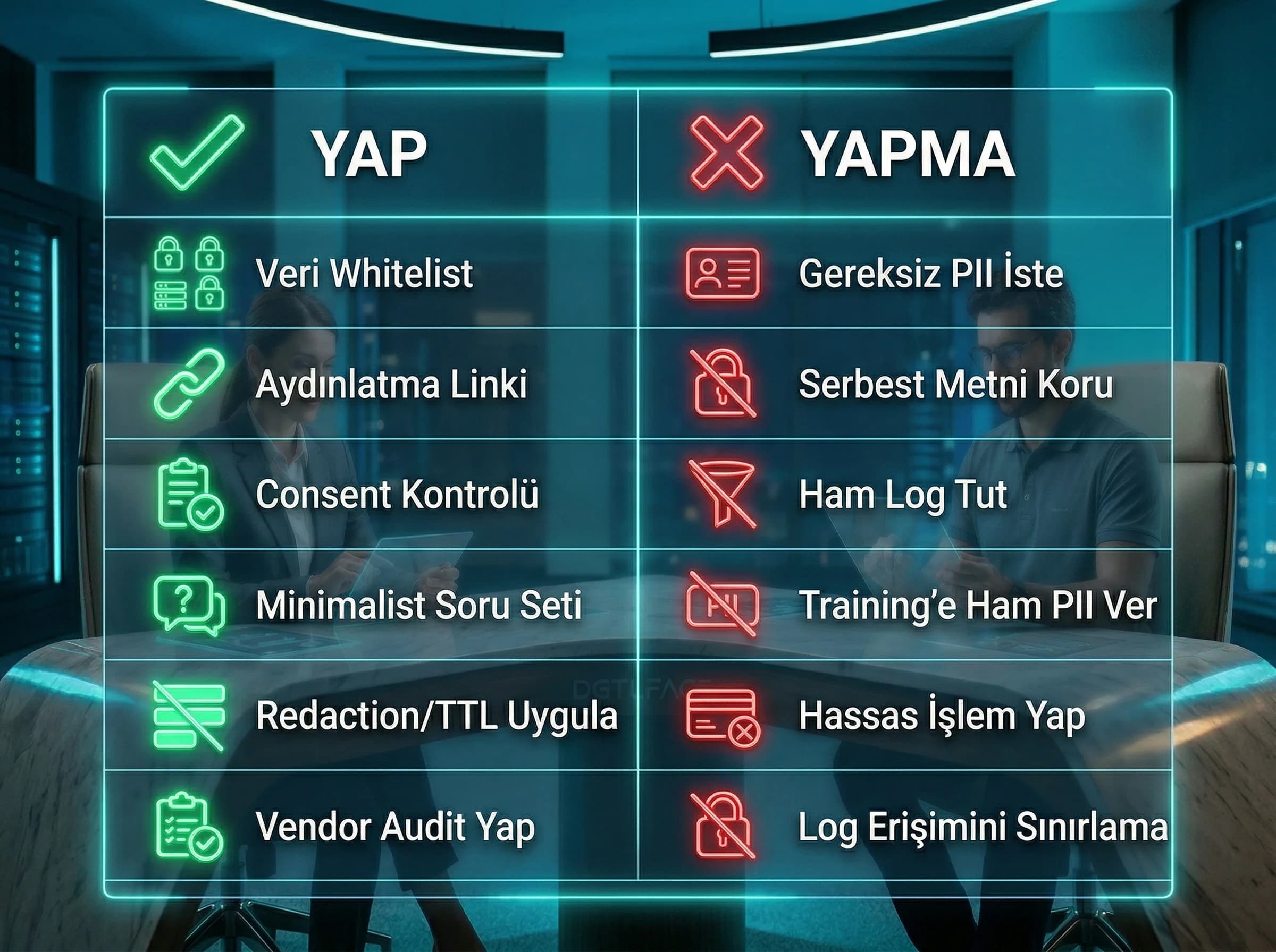 Loglama ve üçüncü taraf NLP riskleri ayırıcı, bot KVKK tasarımı