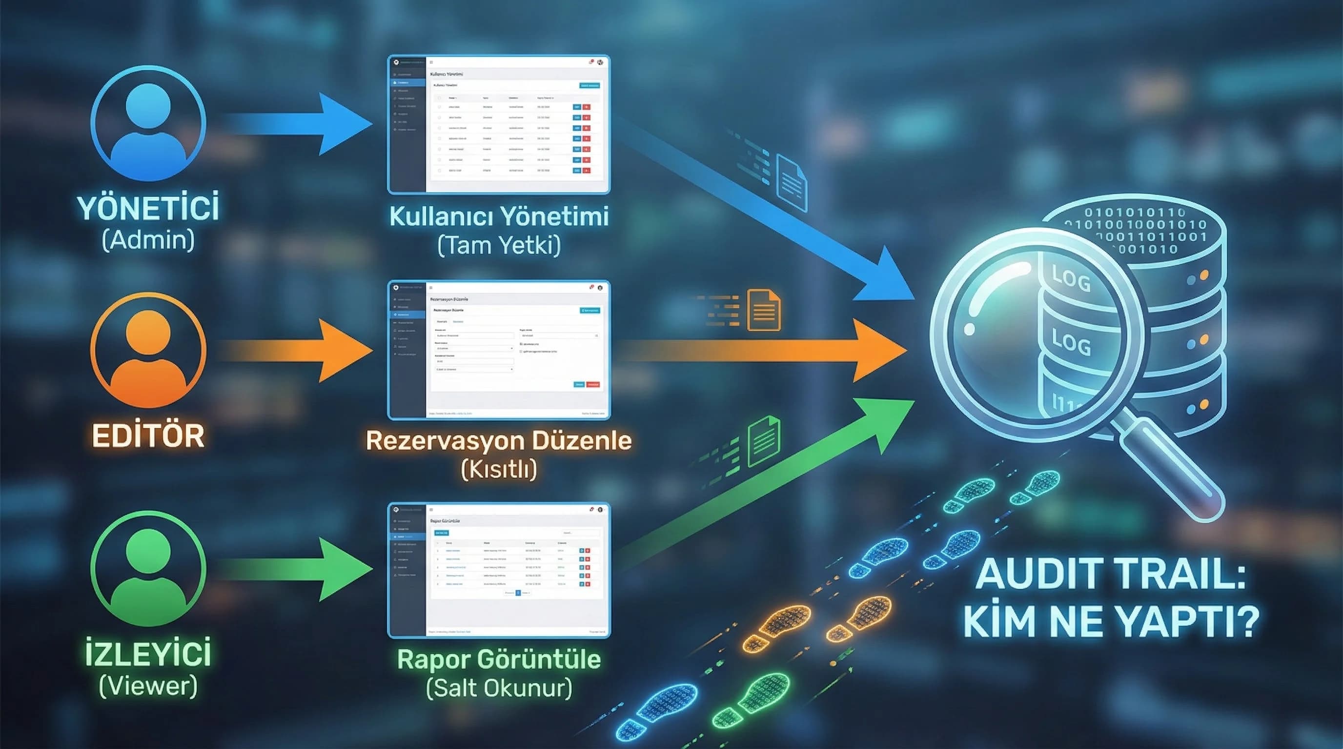 Kim ne yaptı takibi için RBAC ve audit yaklaşımı, otel bağlamı