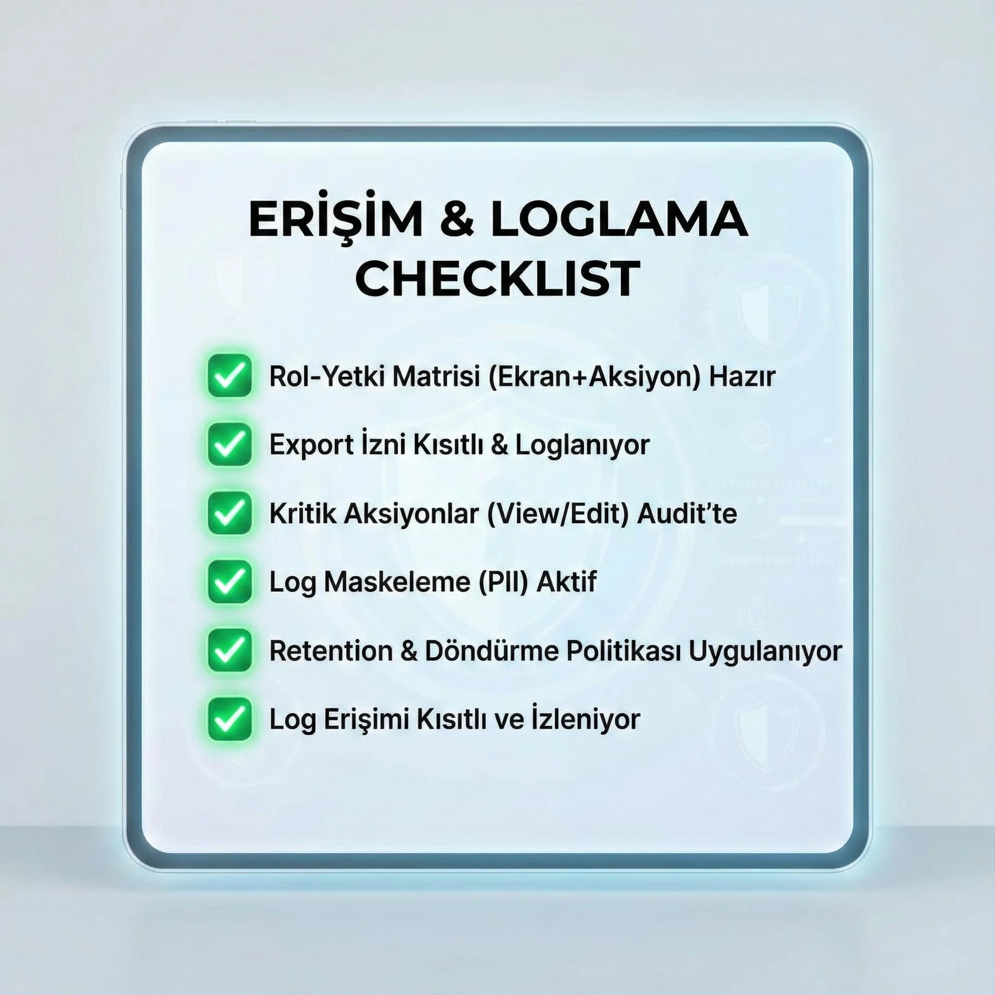 Erişim ve loglama checklist kartı, otel ve B2B uygulaması