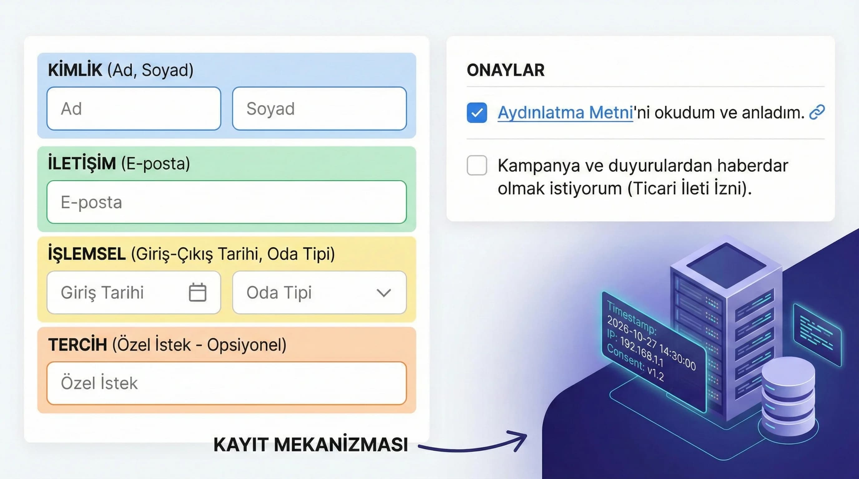 Form alan türleri ve onay kutuları konumu, otel rezervasyon senaryosu