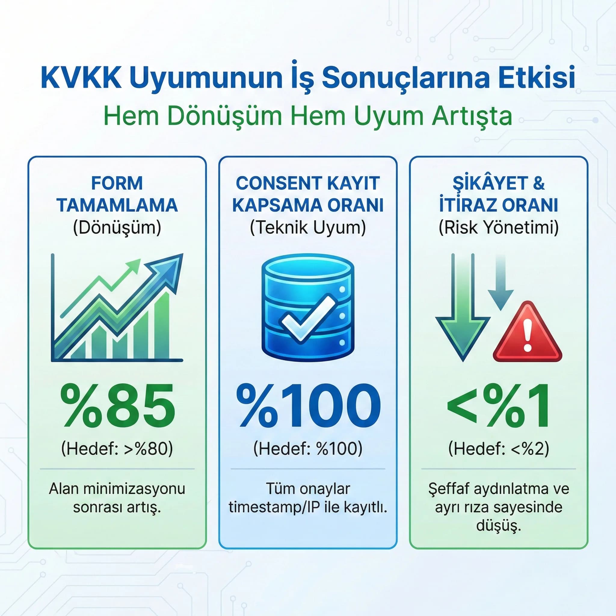 Form completion ve consent kayıt KPI paneli, otel ve B2B