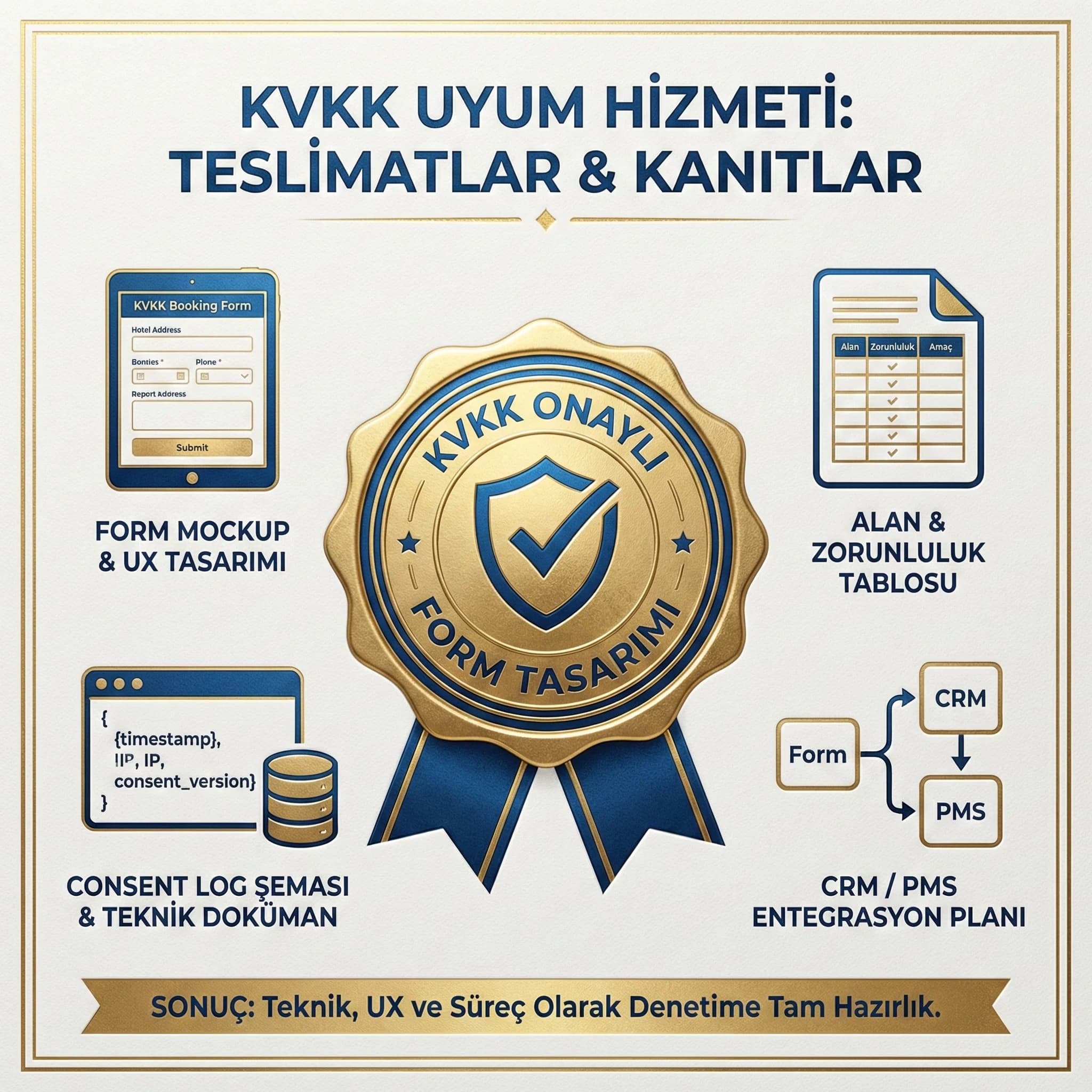 KVKK uyumlu form mockup ve deliverables kartı, otel ve B2B