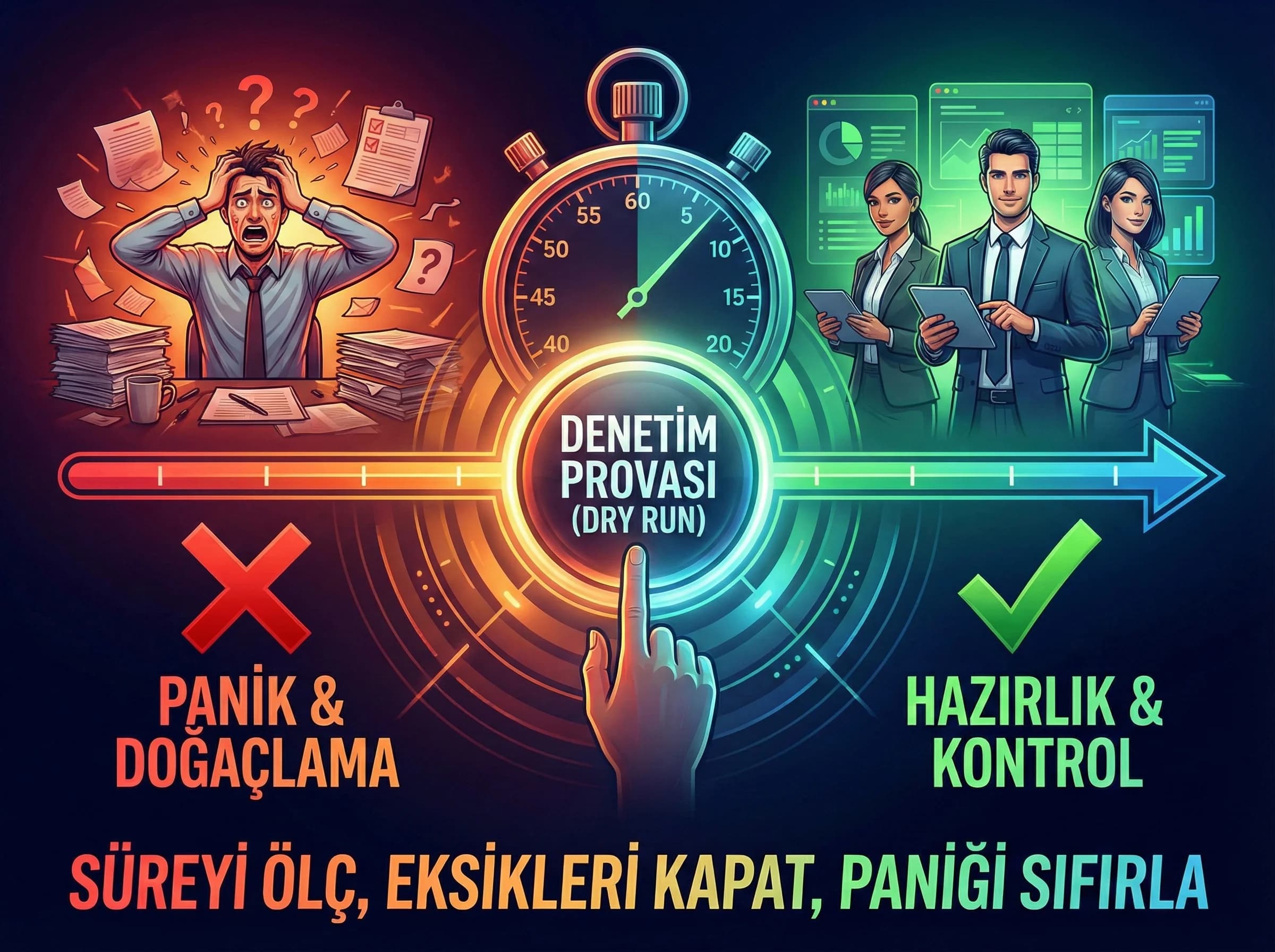 Denetim provası akışı bölümü ayırıcı, düşük panik denetim