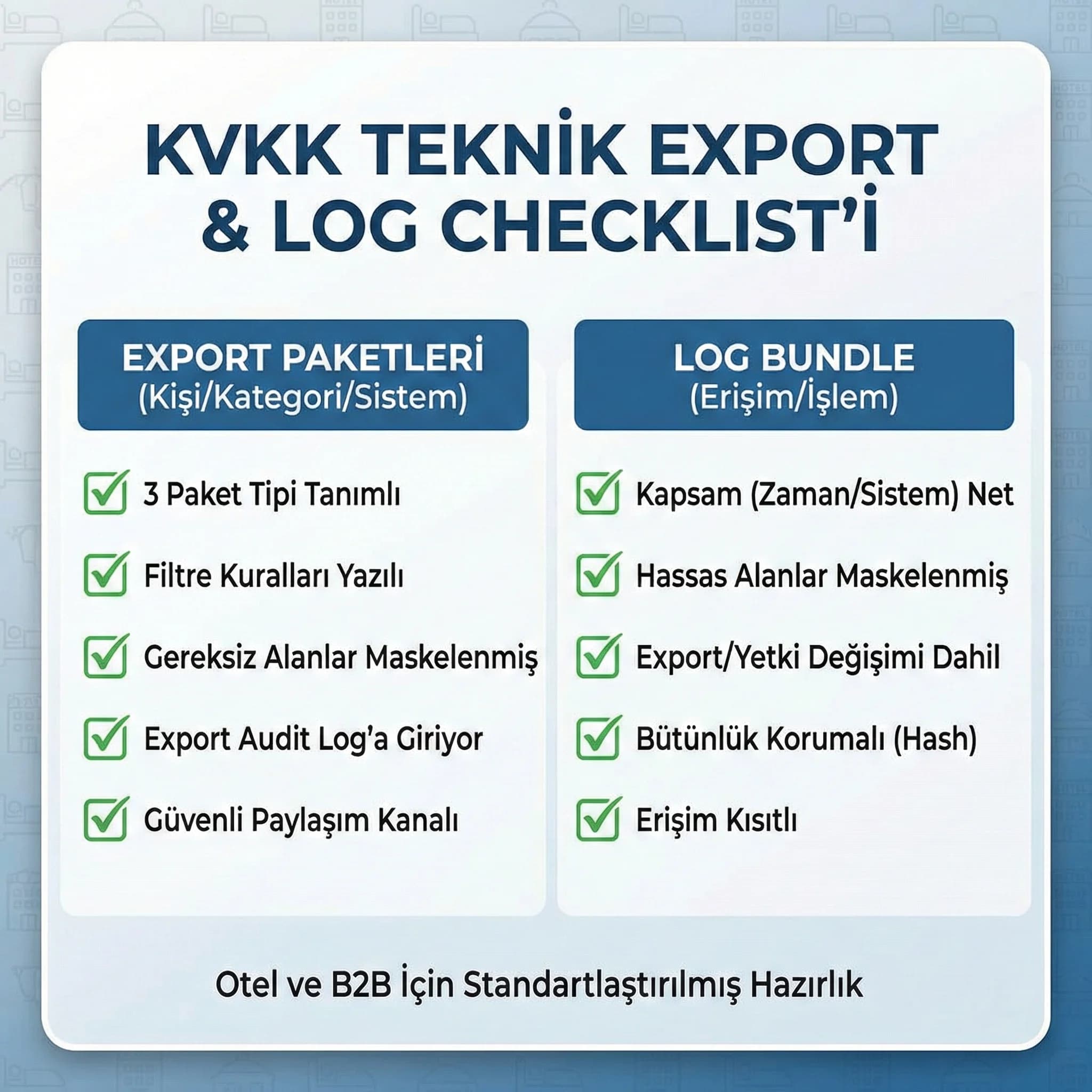 Export ve log bundle checklist kartı, denetim hazırlığı