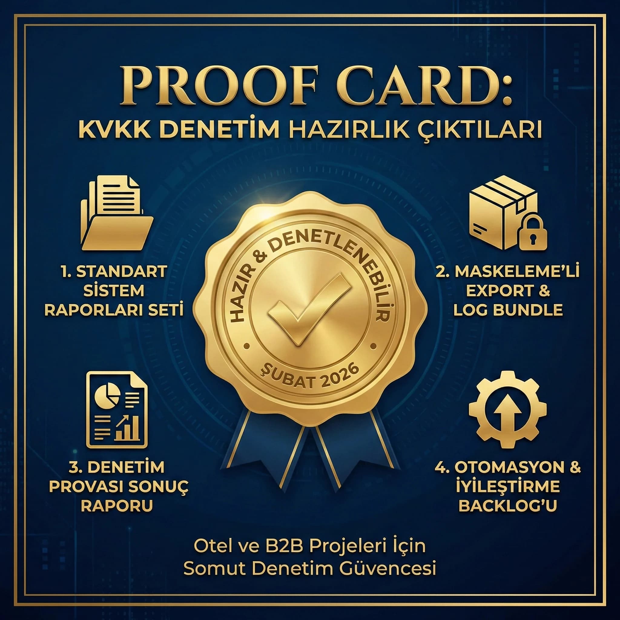 Denetim provası ve rapor seti deliverables kartı, otel ve B2B
