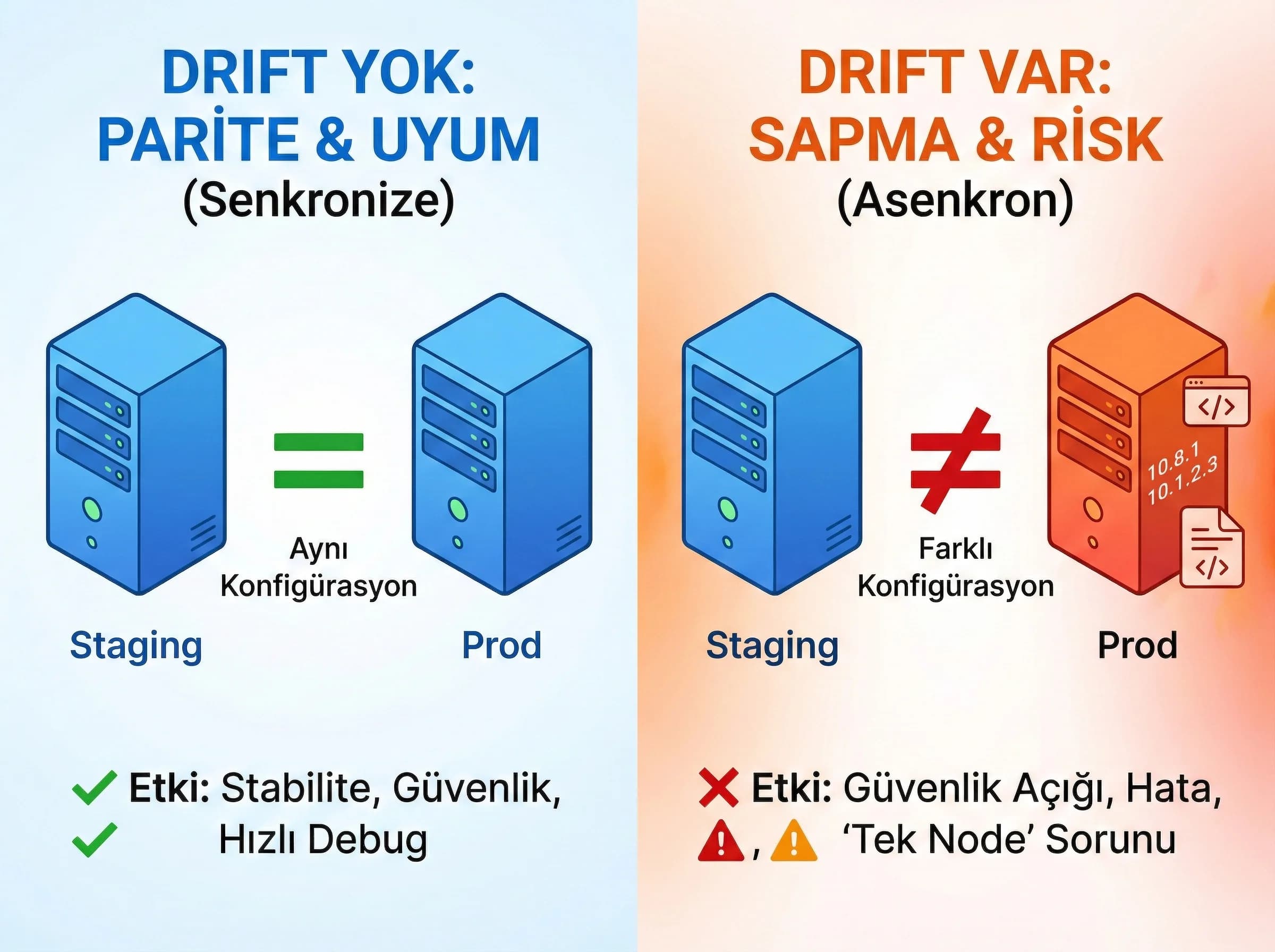 Konfigürasyon drift nedir ve neden tehlikeli, staging prod paritesi için bölüm ayırıcı