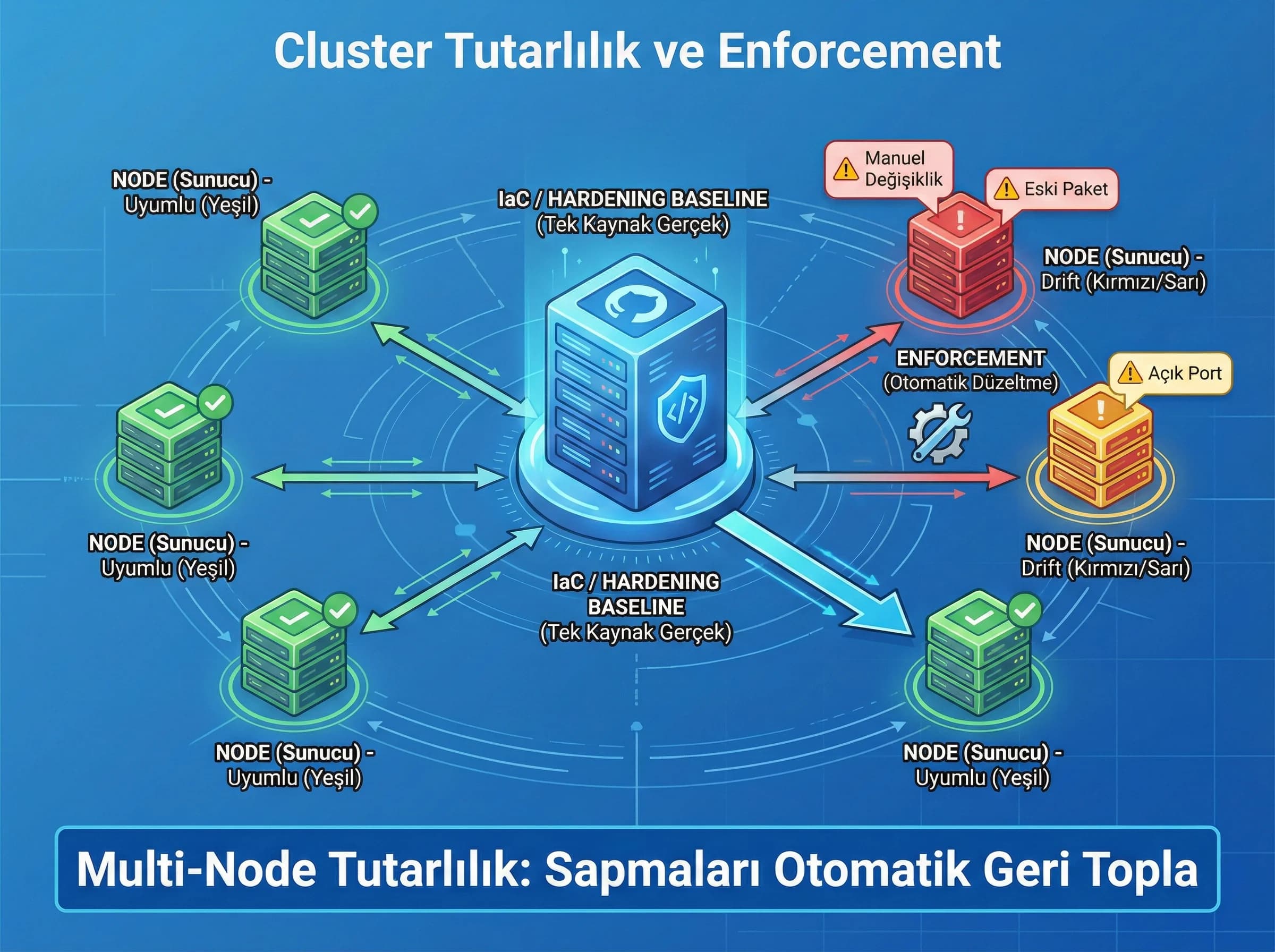 Hardening drift ve enforcement yaklaşımı, multi node tutarlılık için bölüm ayırıcı