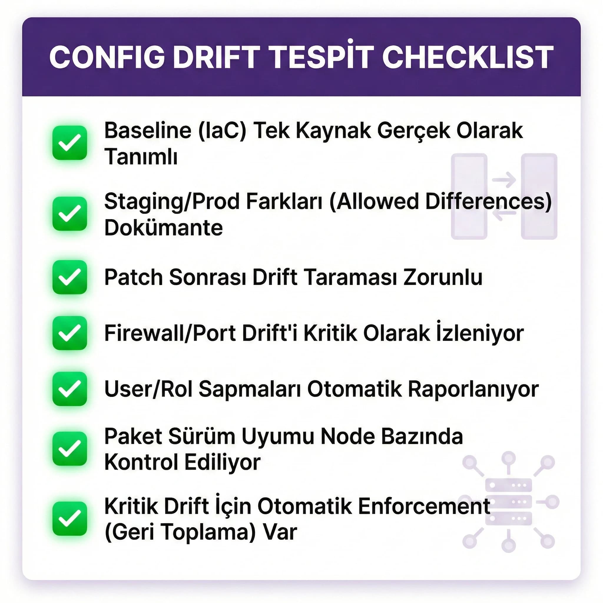 Drift tespiti checklist’i, firewall user paket ve log drift’lerini yakalama ve düzeltme adımları