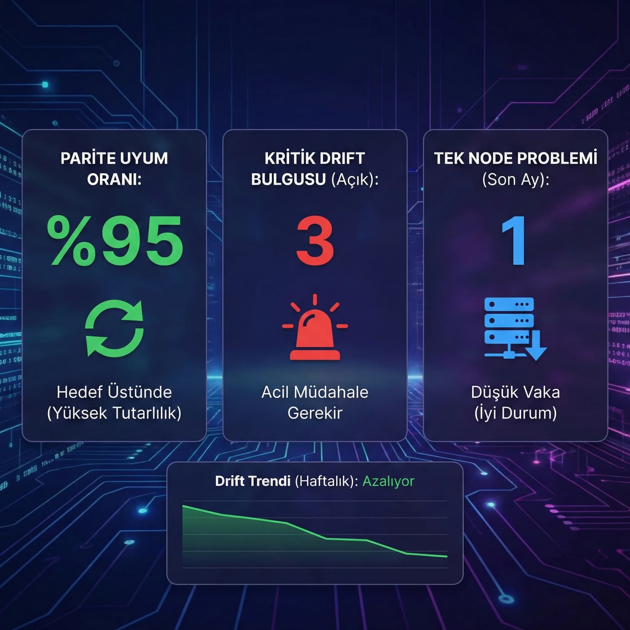 Drift bulgusu ve parity uyum KPI paneli, tek node sorunlarını azaltan izleme göstergeleri