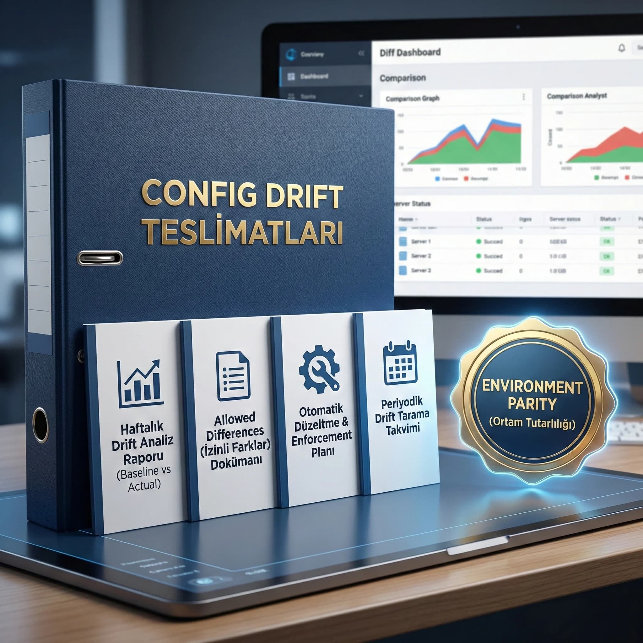 Drift deliverable seti, rapor ve düzeltme planı ile sürdürülebilir environment parity standardı