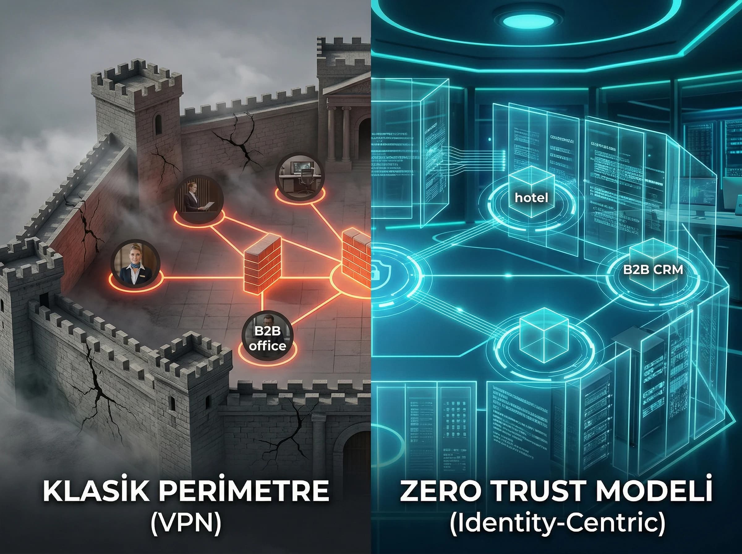 Zero Trust ve klasik VPN modeli farkları, otel ve kurumsal erişim güvenliği için bölüm ayırıcı