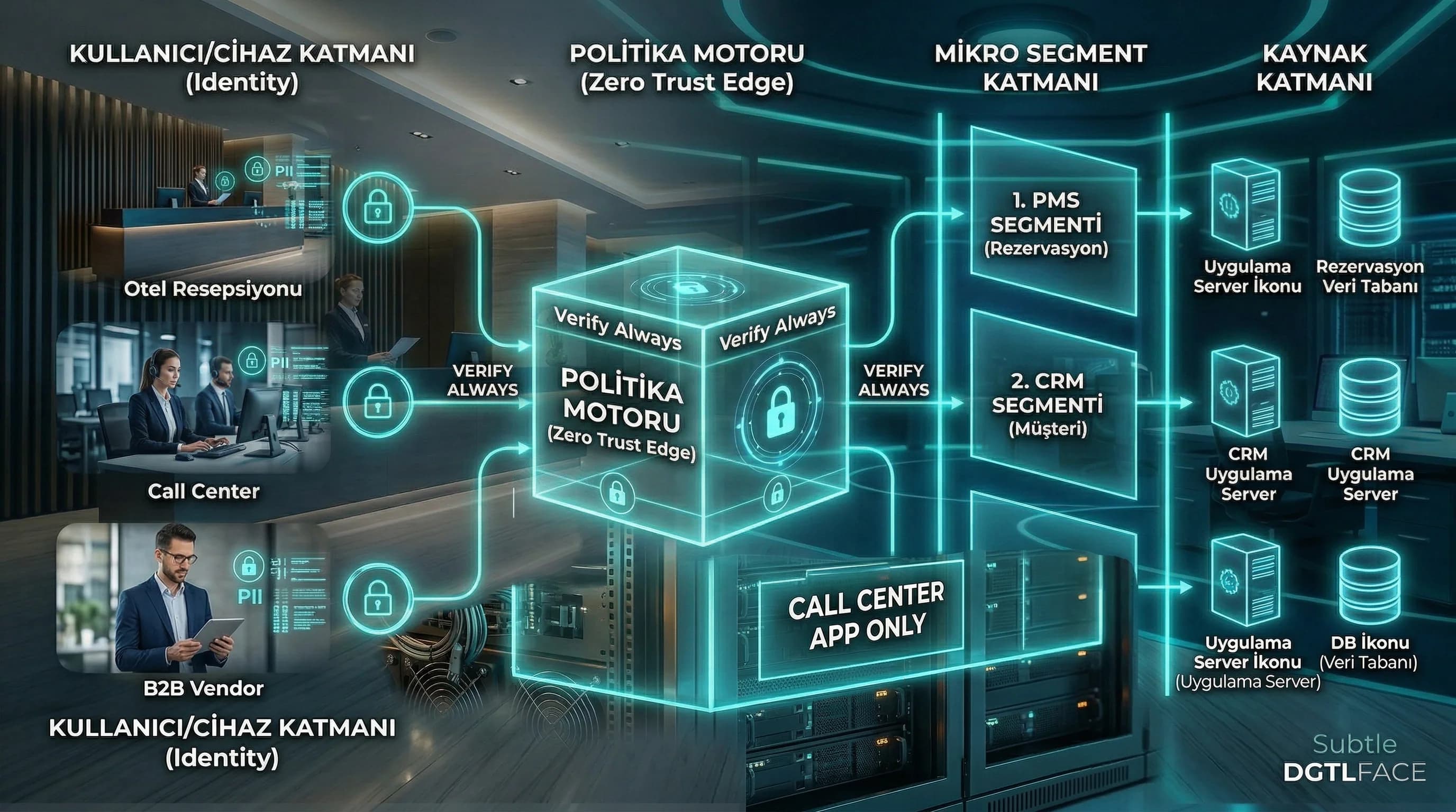 Zero Trust katman diyagramı identity policy segment resource, otel ve B2B erişim topolojisi