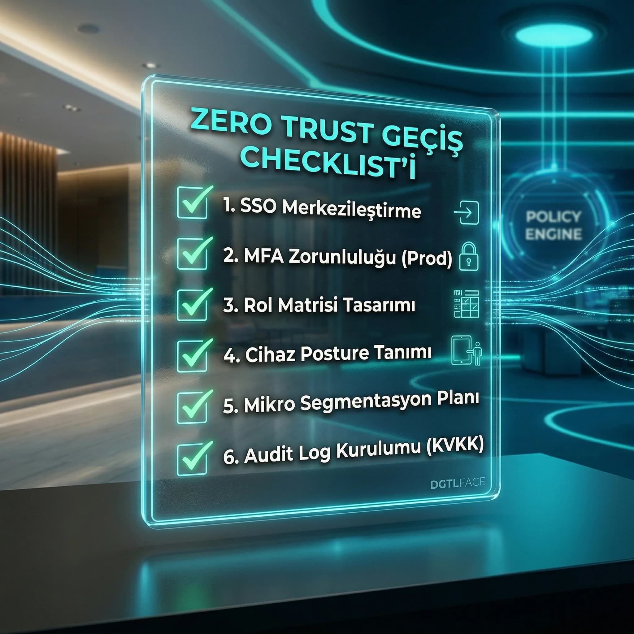 Zero Trust geçiş checklist’i, SSO MFA cihaz posture ve segmentasyon ile uygulanabilir yol haritası