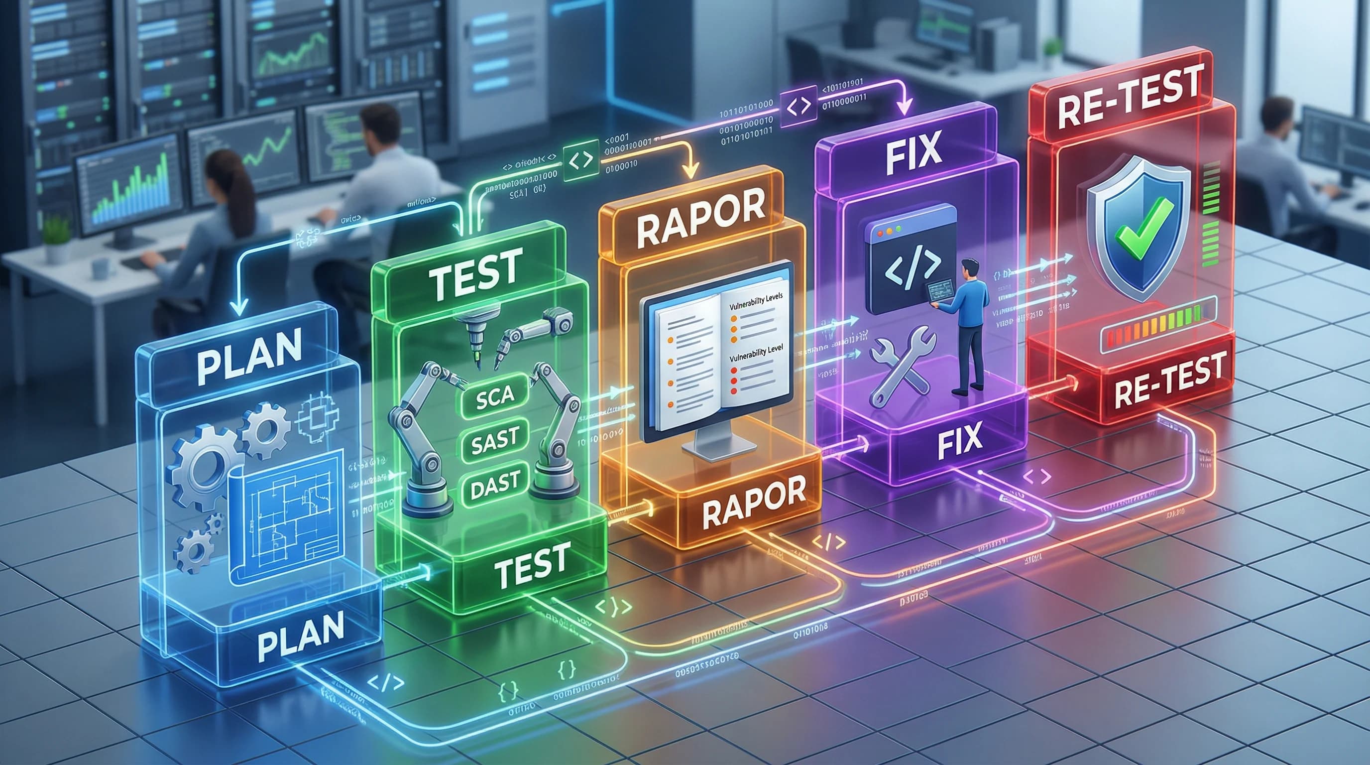 Plan test rapor fix retest akışı, otel ve B2B güvenlik test pipeline diyagramı