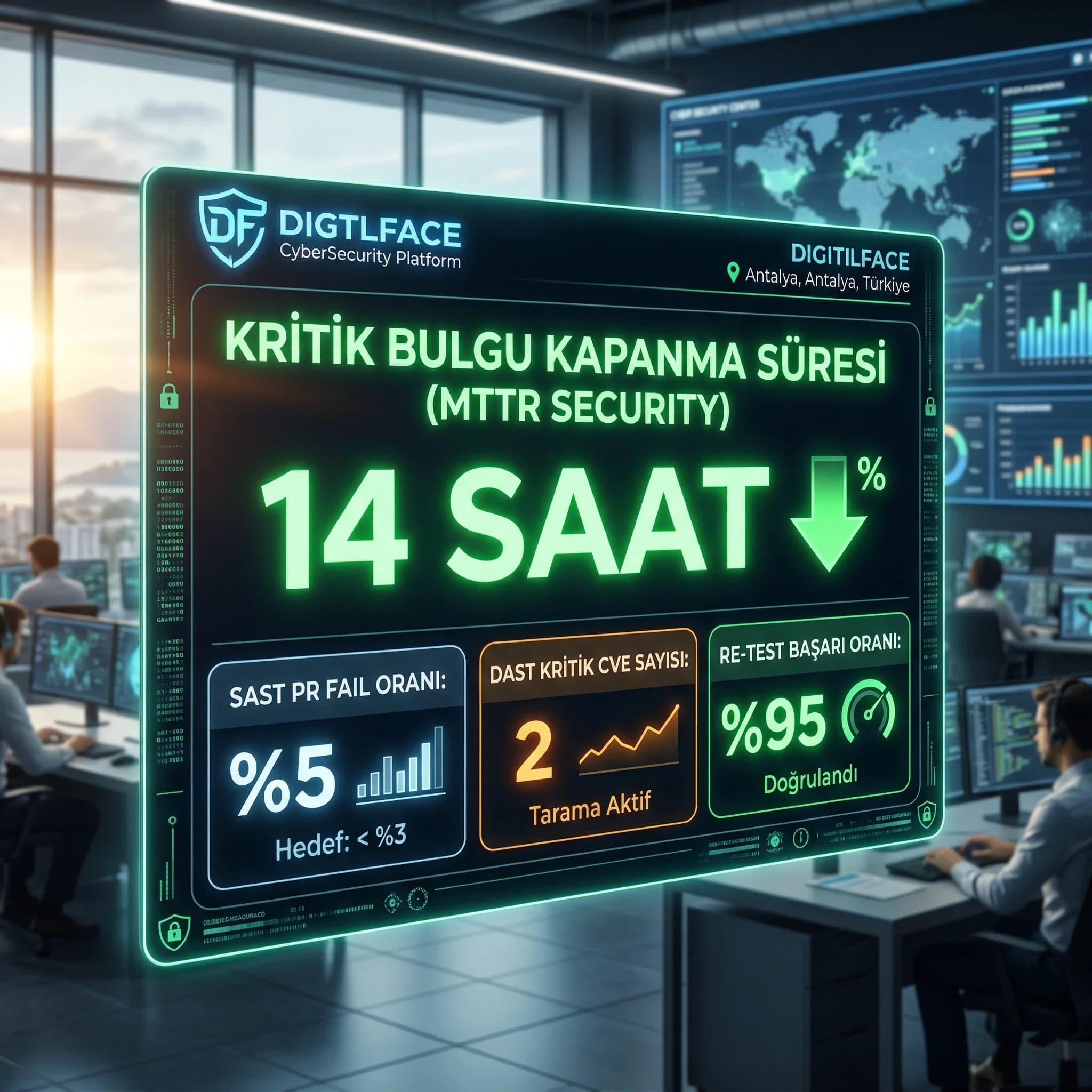 Kritik bulgu kapanma süresi KPI kartı, otel ve B2B zafiyet yönetimi performansı