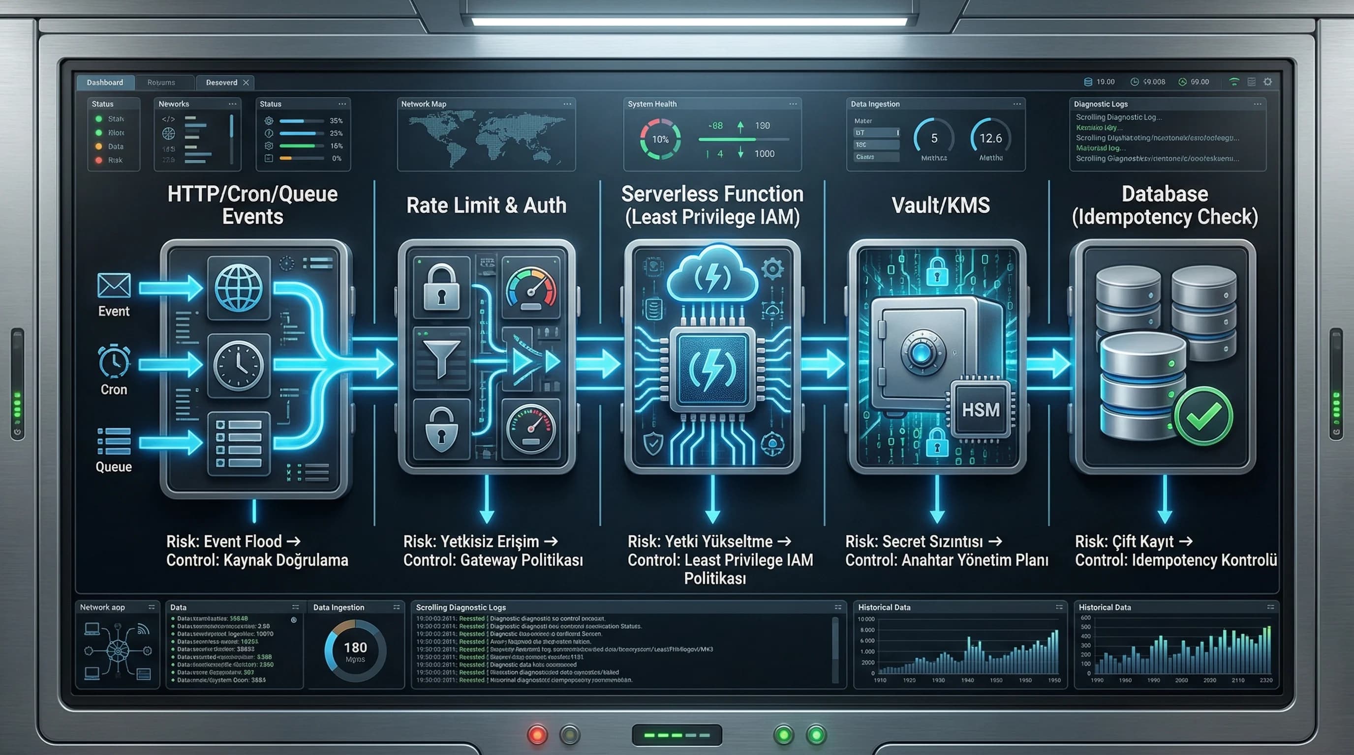 Serverless akış diyagramı API gateway function DB, IAM ve event kaynaklarıyla güvenlik modeli