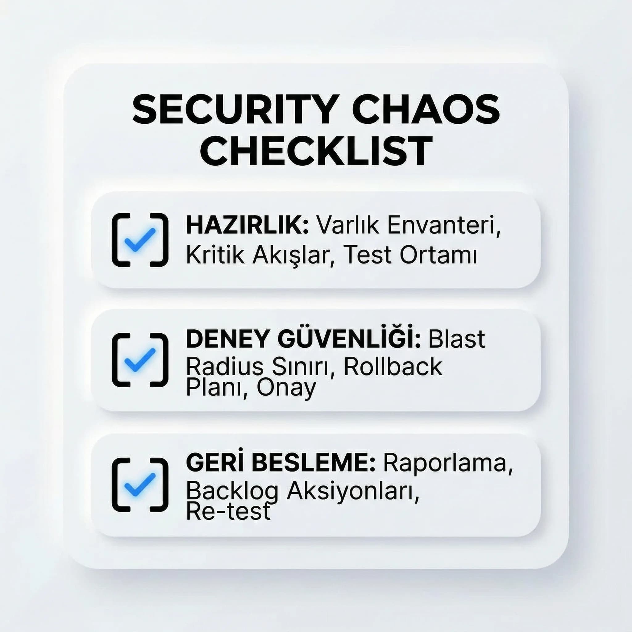 Security chaos checklist’i, deney güvenliği ve süreç geri besleme adımlarıyla uygulanabilir rehber