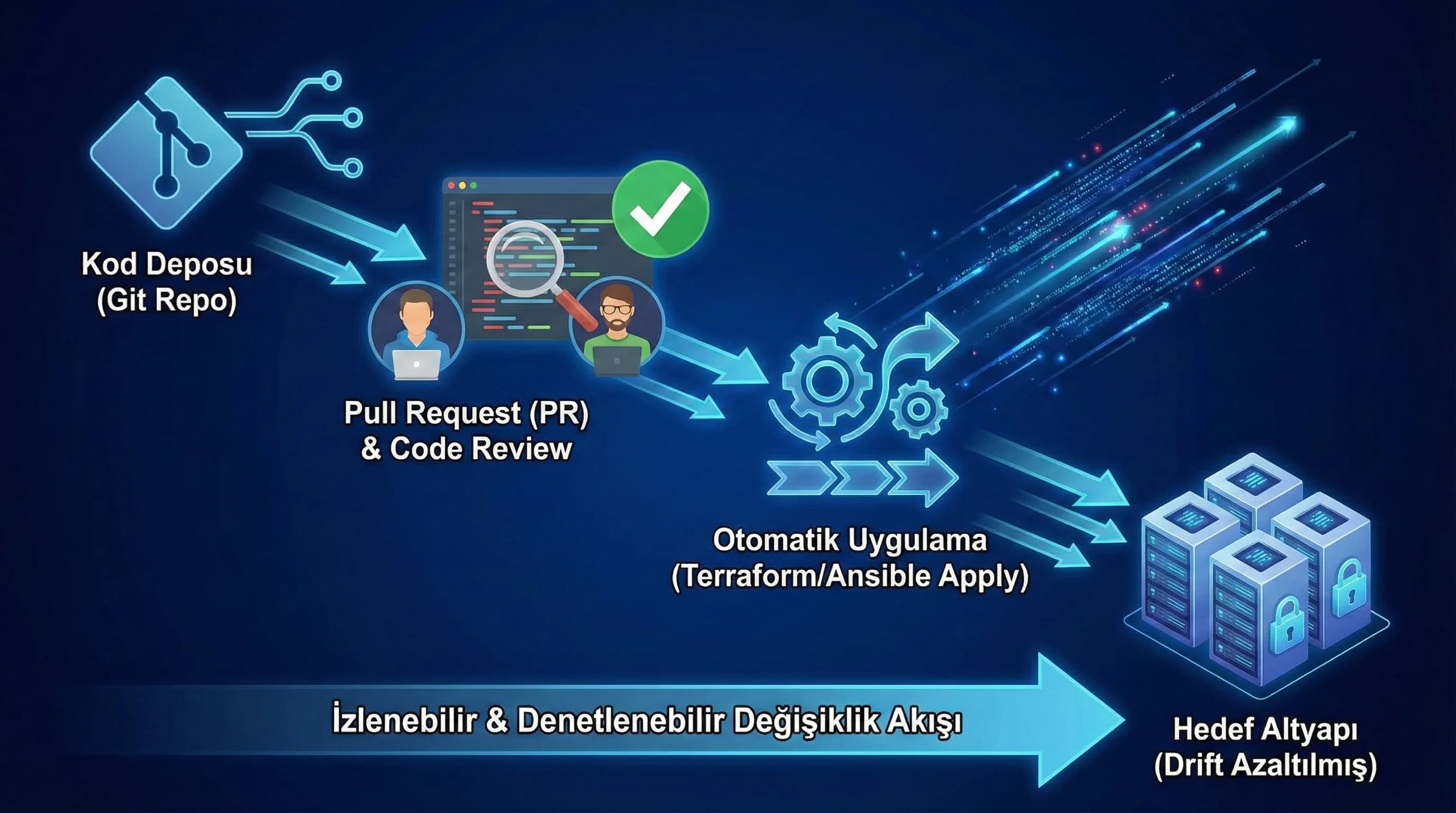 Repo ve code review ile güvenlik değişikliklerini yönetme, sunucu drift azaltma stratejisi