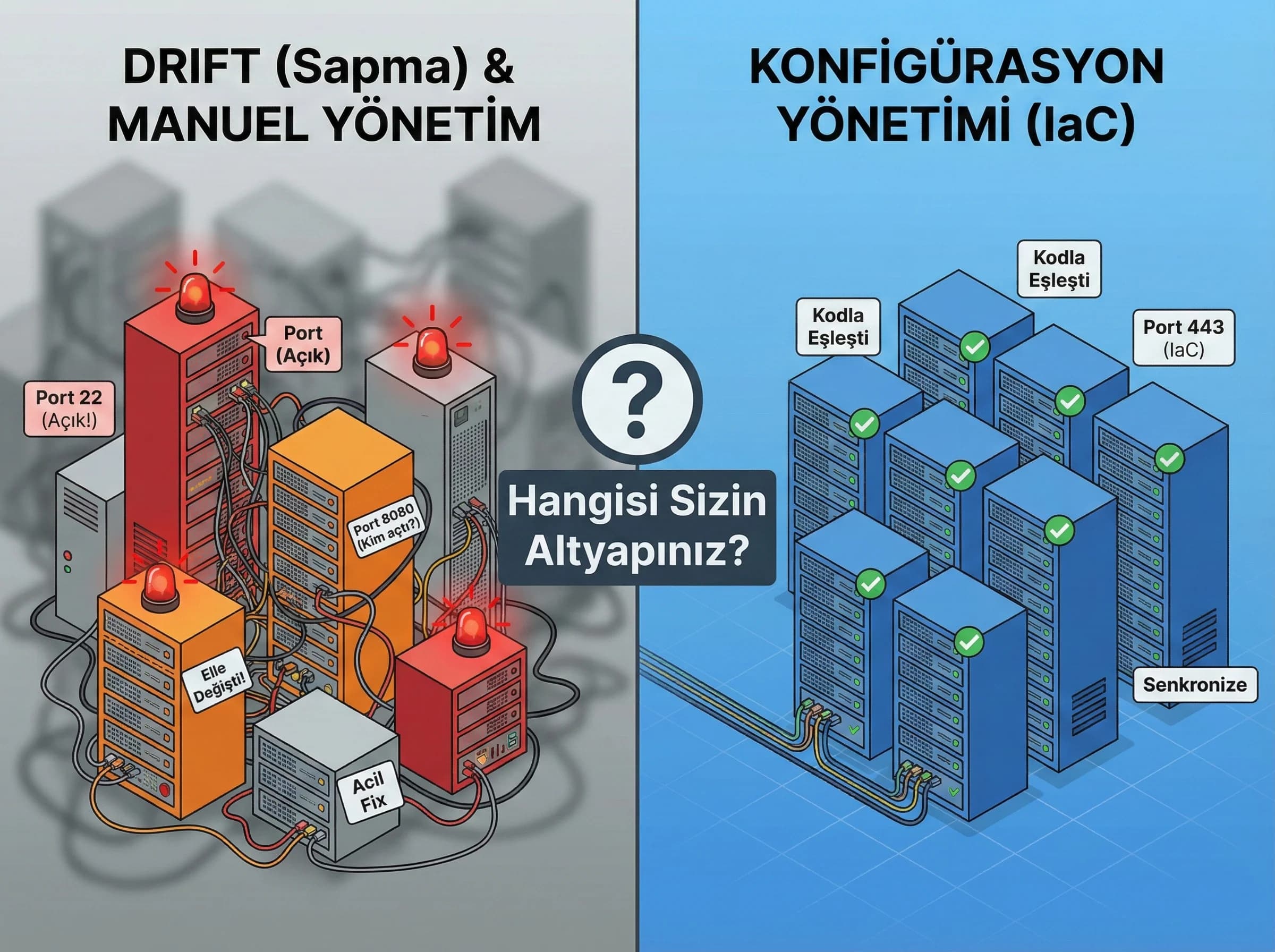 Konfigürasyon yönetimi ve drift problemi, otel ve kurumsal altyapılar için bölüm ayırıcı